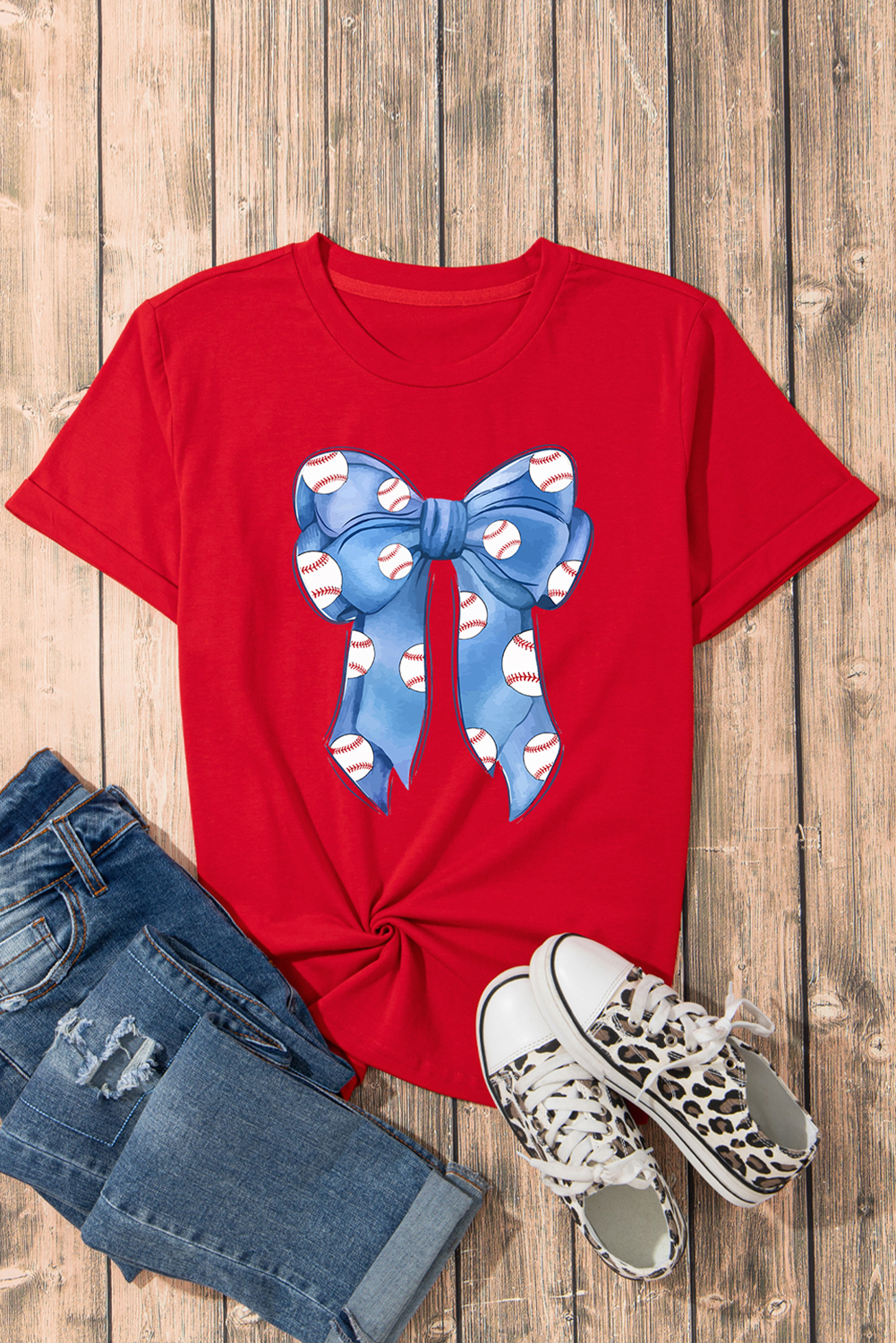 Red Rugby Bowknot Graphic Crew Neck Tee