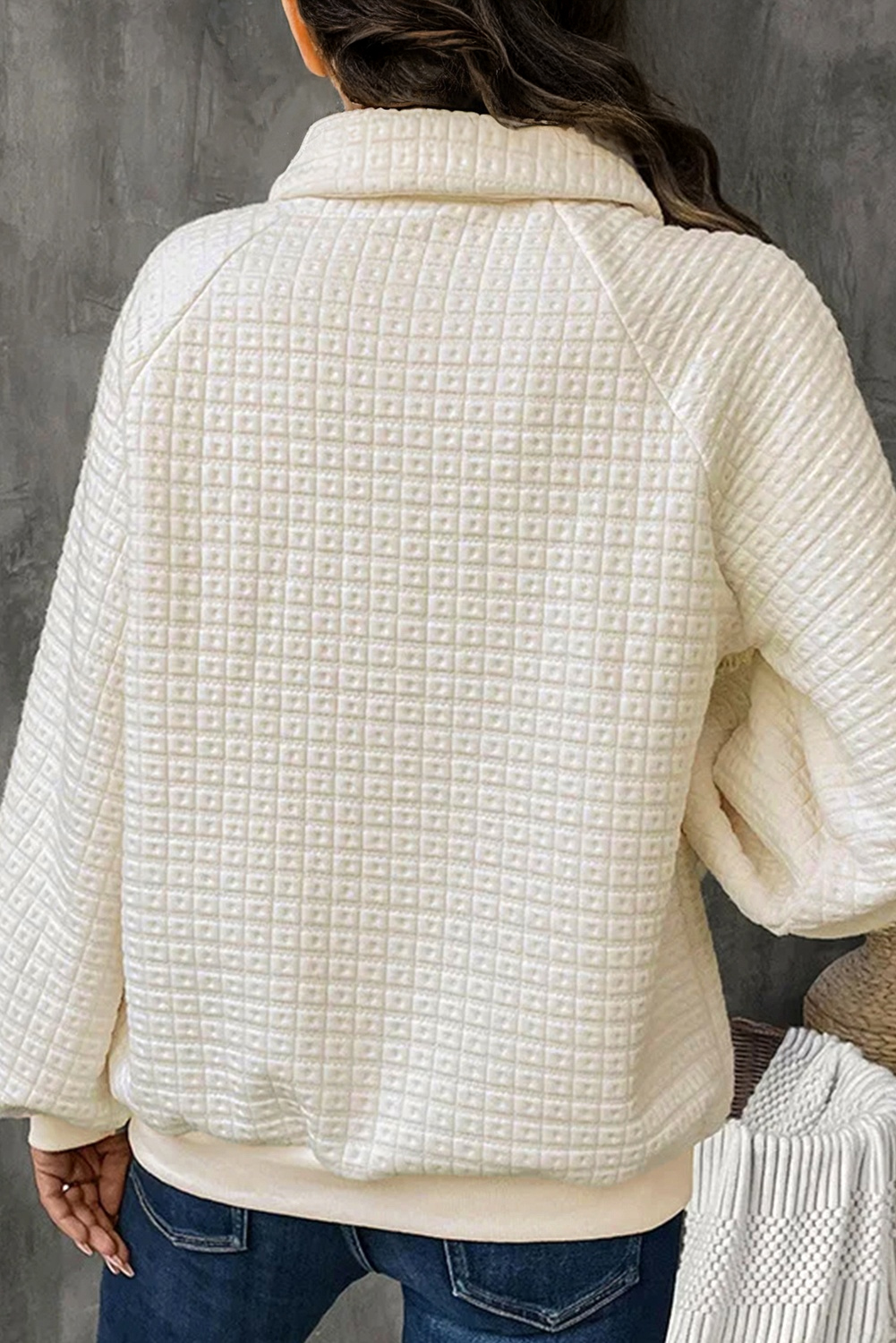 Beige Pineapple Textured Half Button Collared Sweatshirt