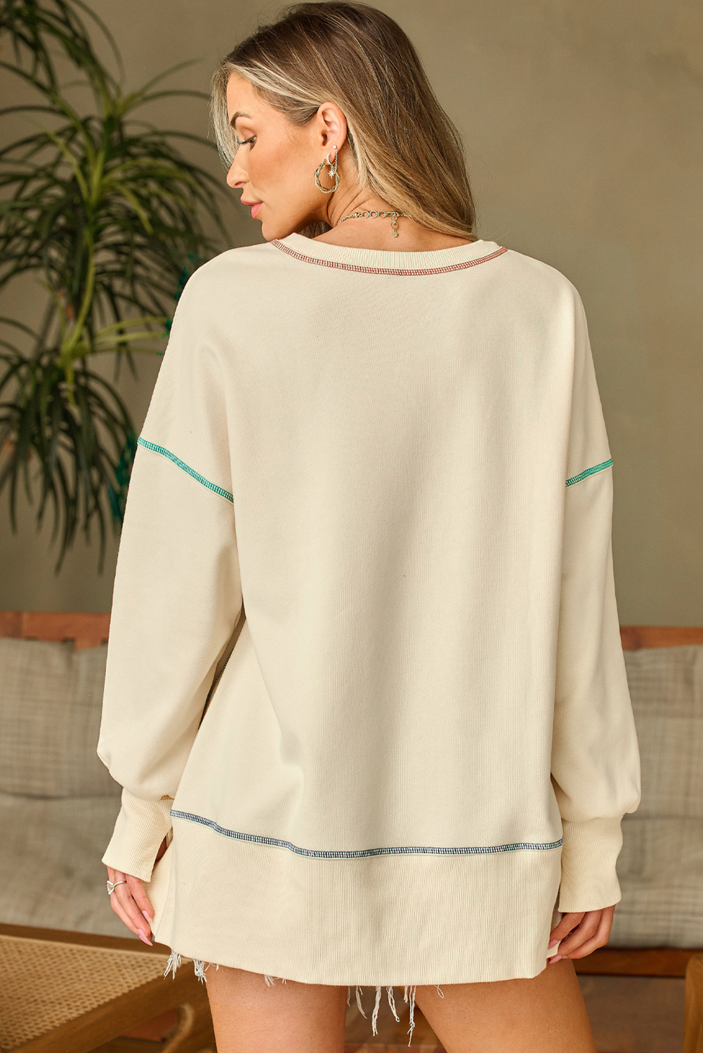 White THANKSGIVING Playful Ribbon Bow Printed Contrast Trim Baggy Sweatshirt