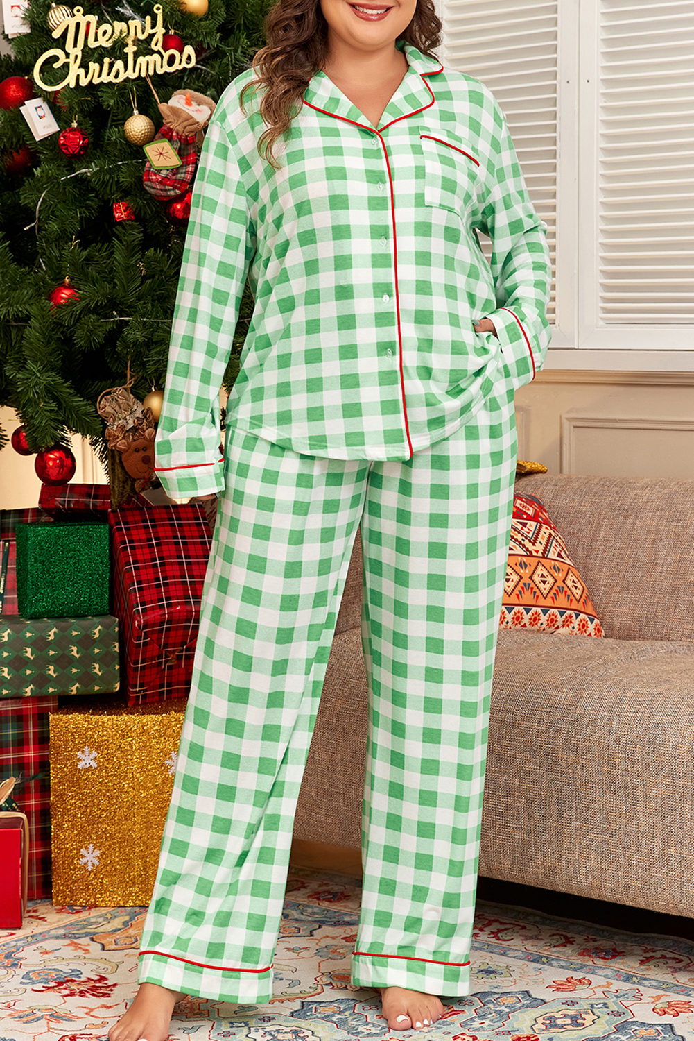 Fiery Red Christmas Plaid Print Shirt and Pants Pajama Set