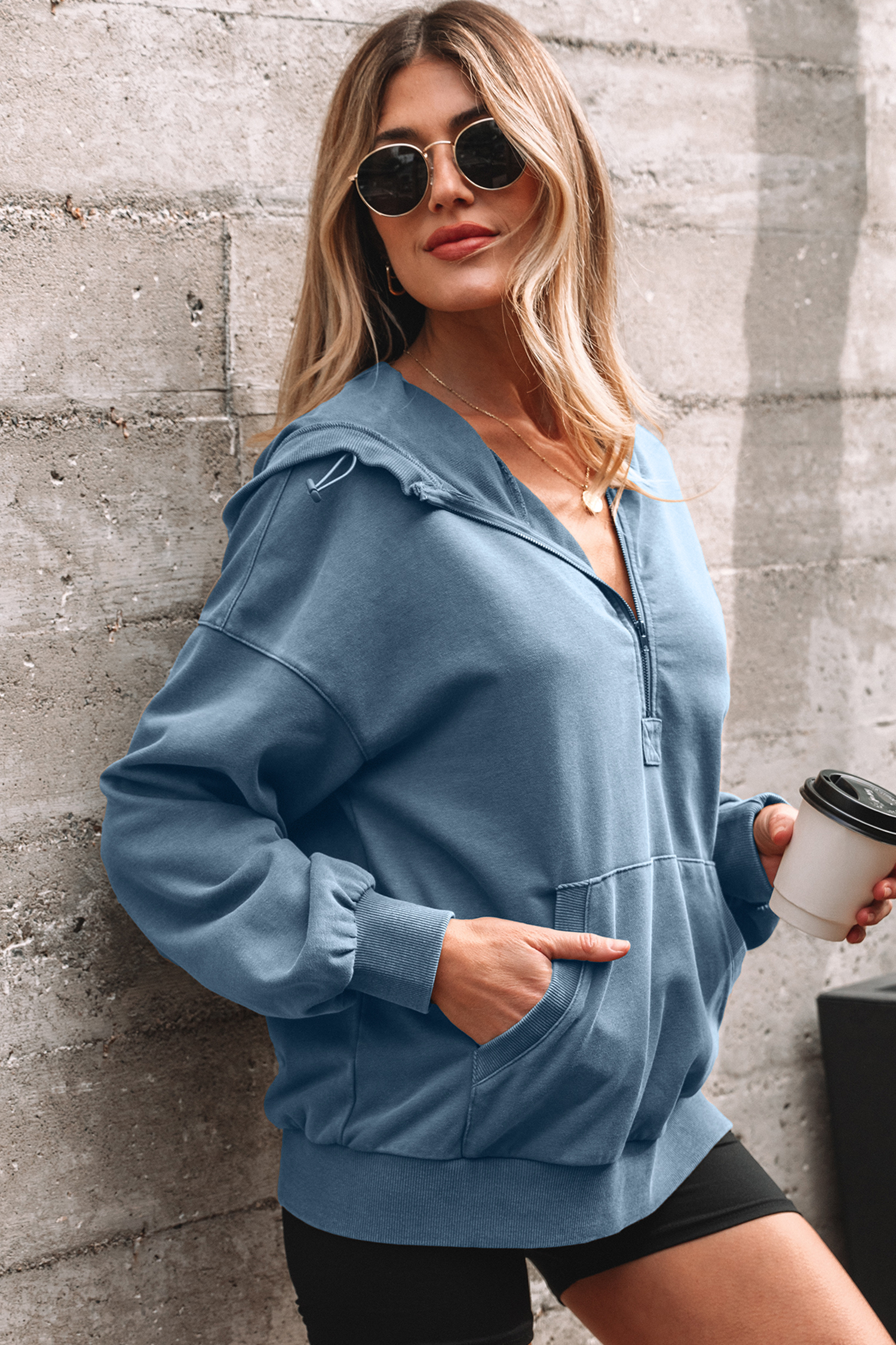 Canton Half Zip Kangaroo Pocket Mineral Wash Baggy Hoodie