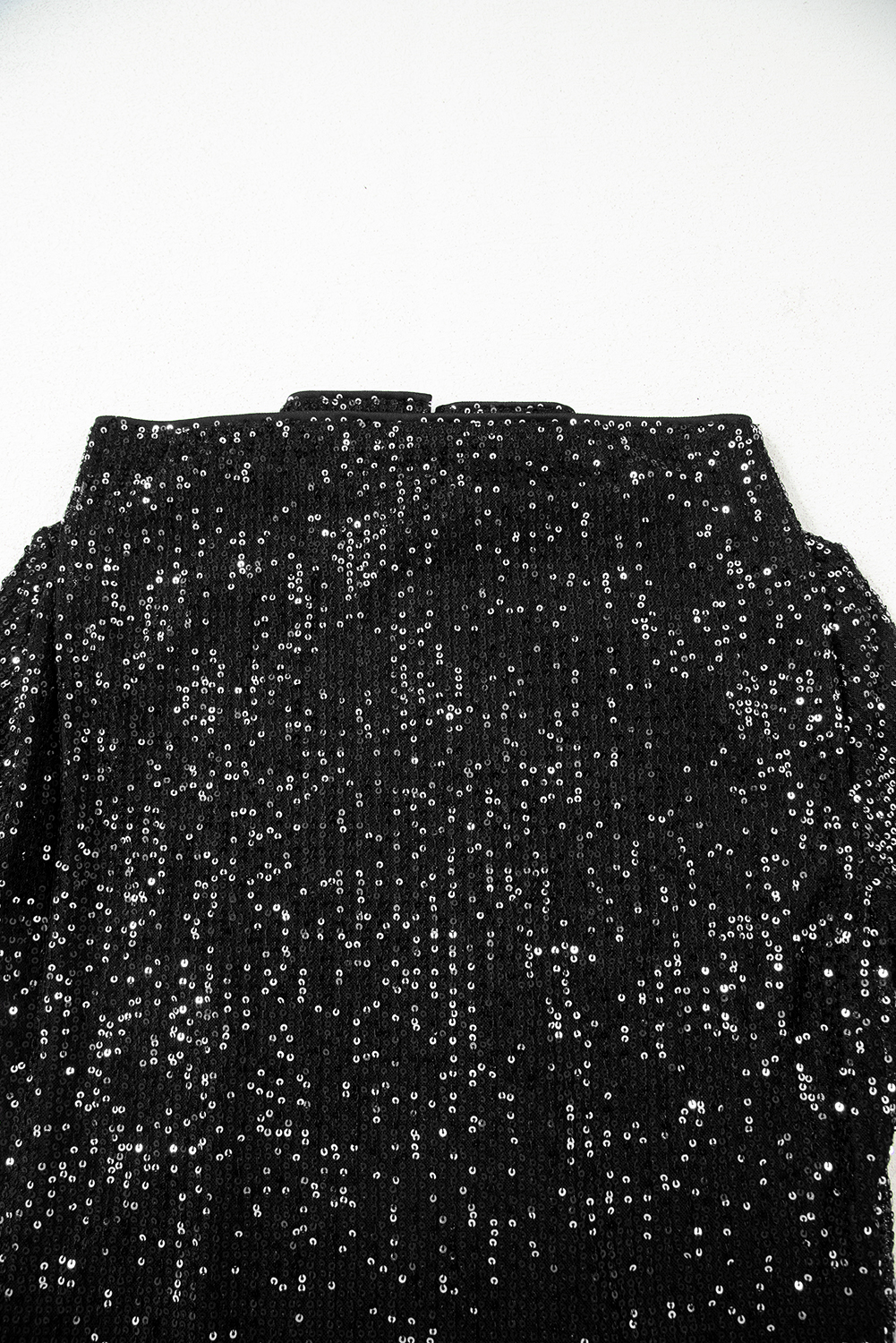Jet Stream Sequin Mock Neck Drape Open Back Bell Sleeve Top