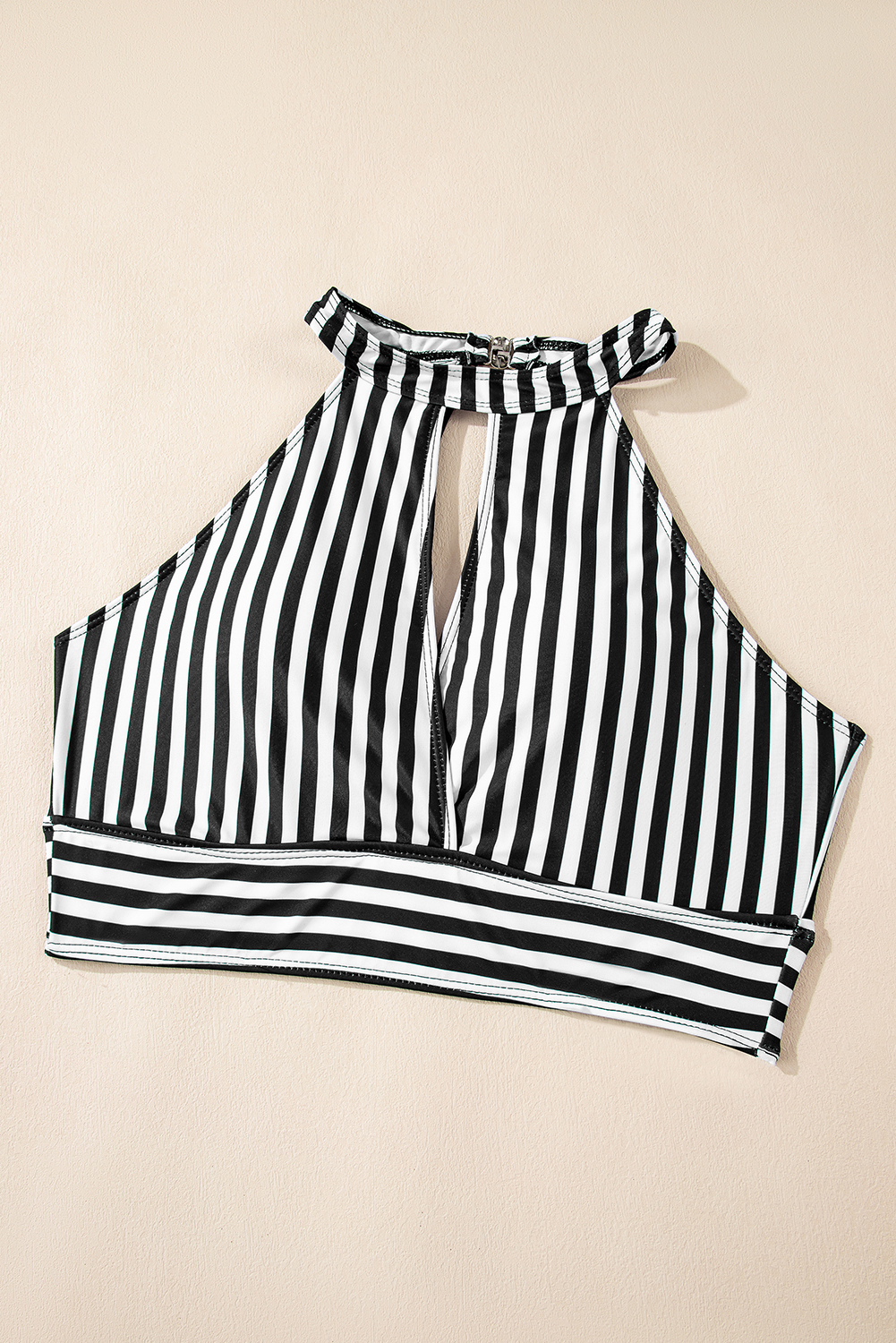 Black Striped Halter Top Drawstring Ruched High Waisted Bikini
