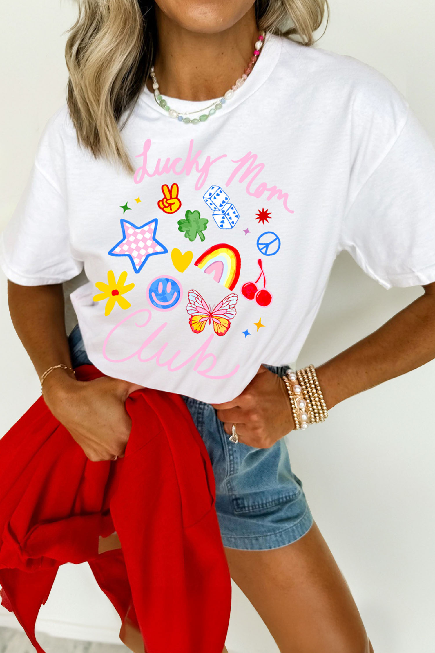 White Lucky Mom Club Vibrant Printed Casual T Shirt