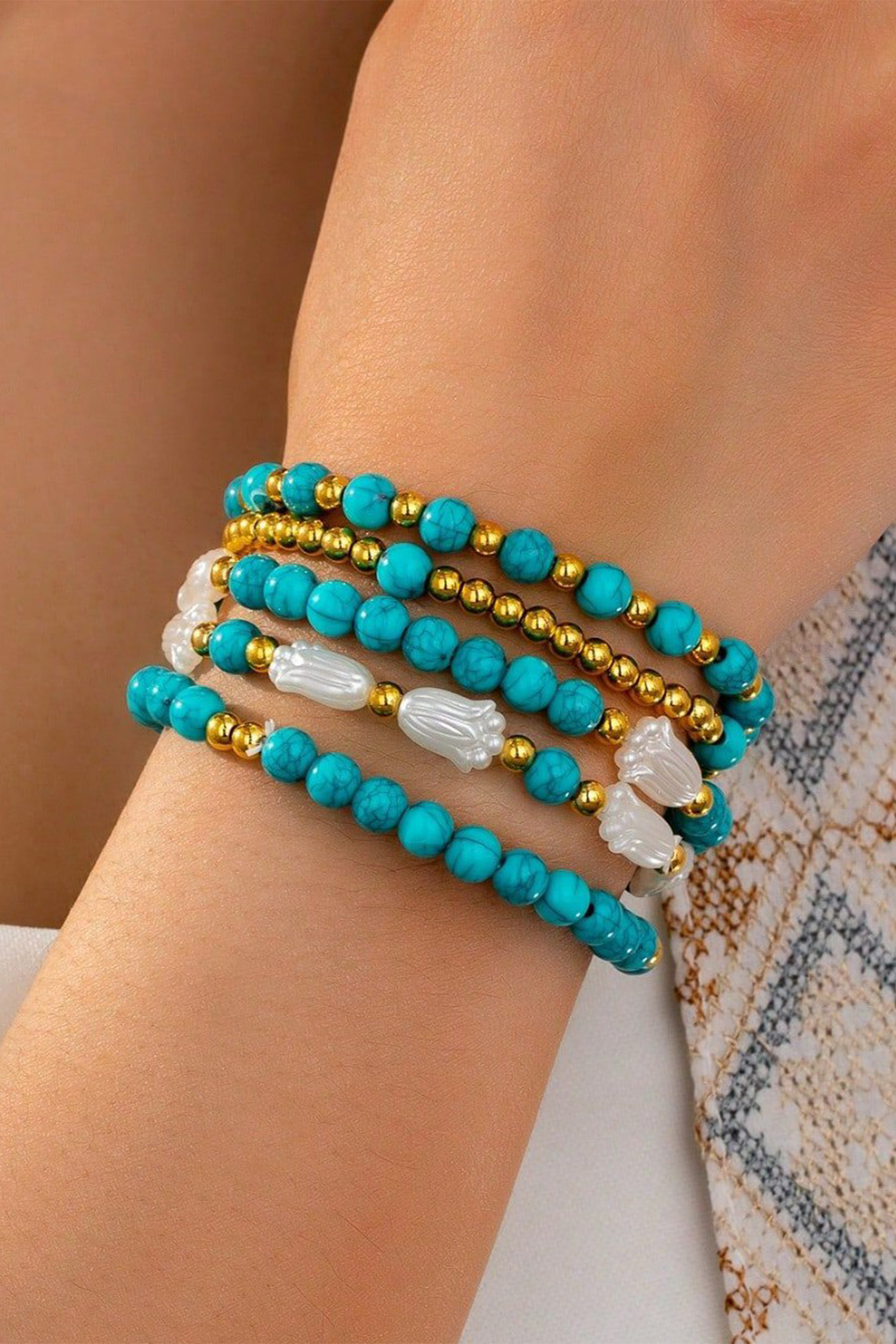 Turquoise Mixed Golden Beads Pearlish Detail 5pcs Bracelet Set