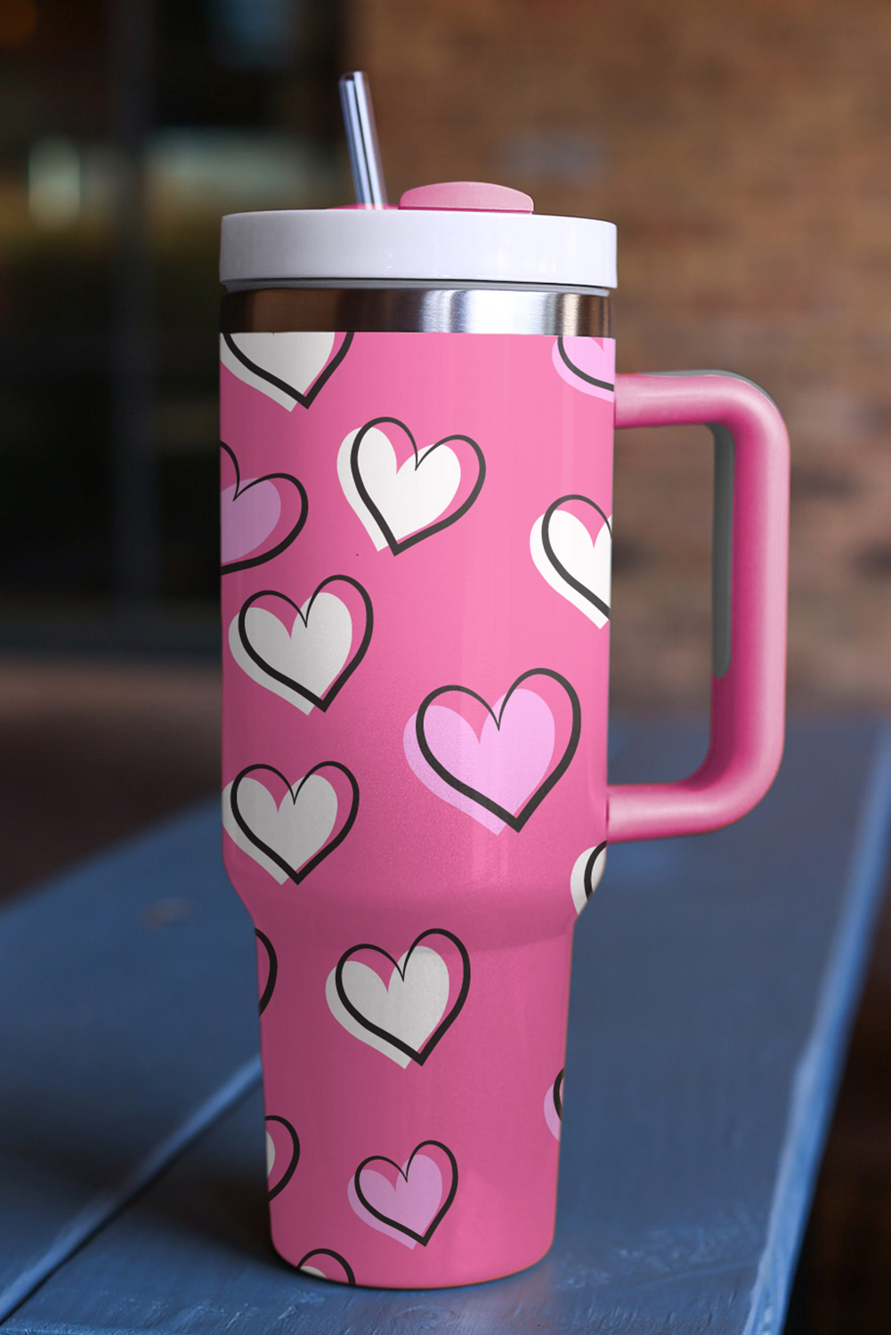Black Valentines Heart Printed Thermos Cup with Handle 40oz