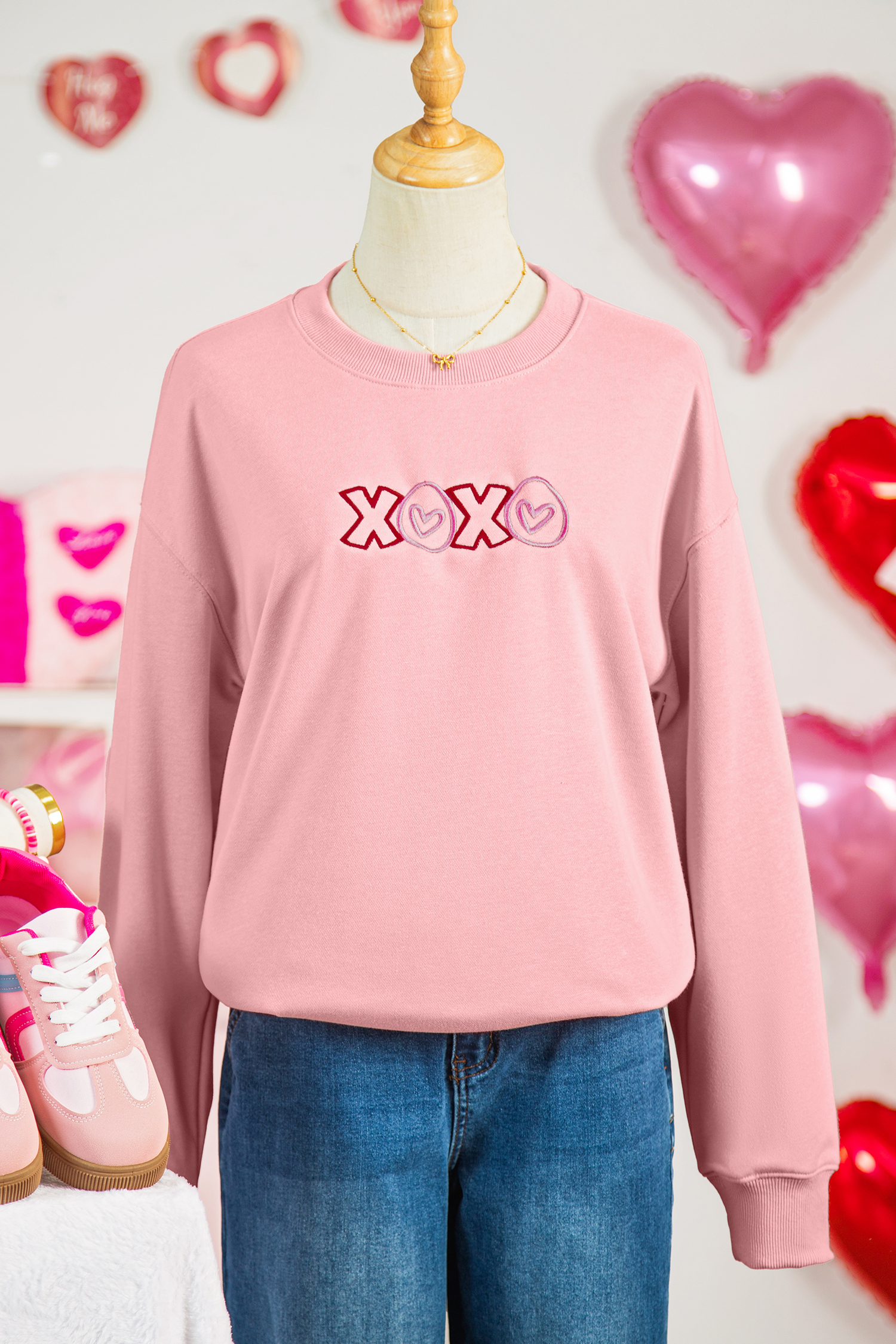 Pink XOXO Playful Embroidered Valentines Day Sweatshirt