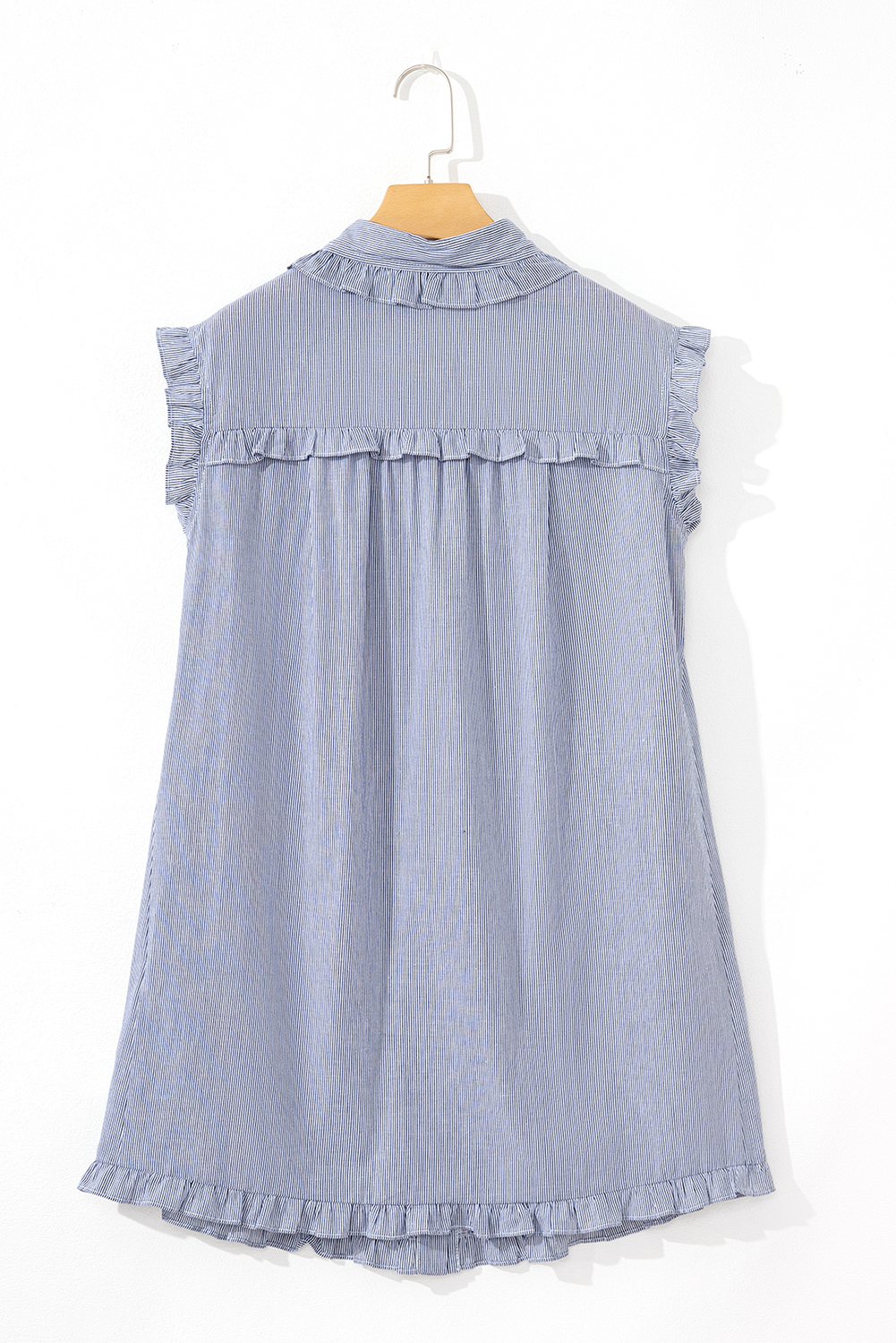 Green Stripe Frilled Sleeveless Collar Front Pocket Button Up Mini Dress