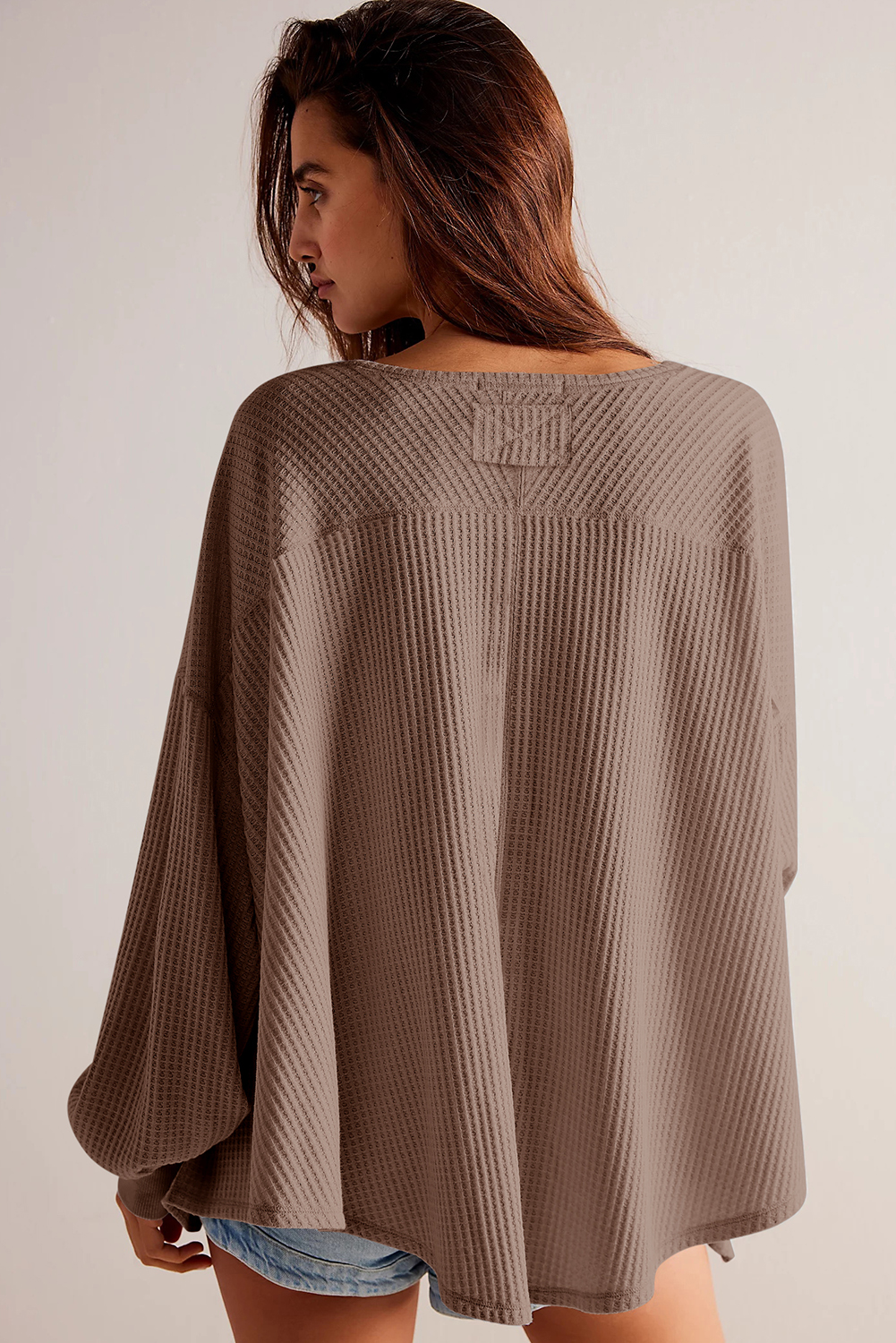 Light Pink Waffle V Neck Long Sleeve Drop Shoulder Loose Blouse