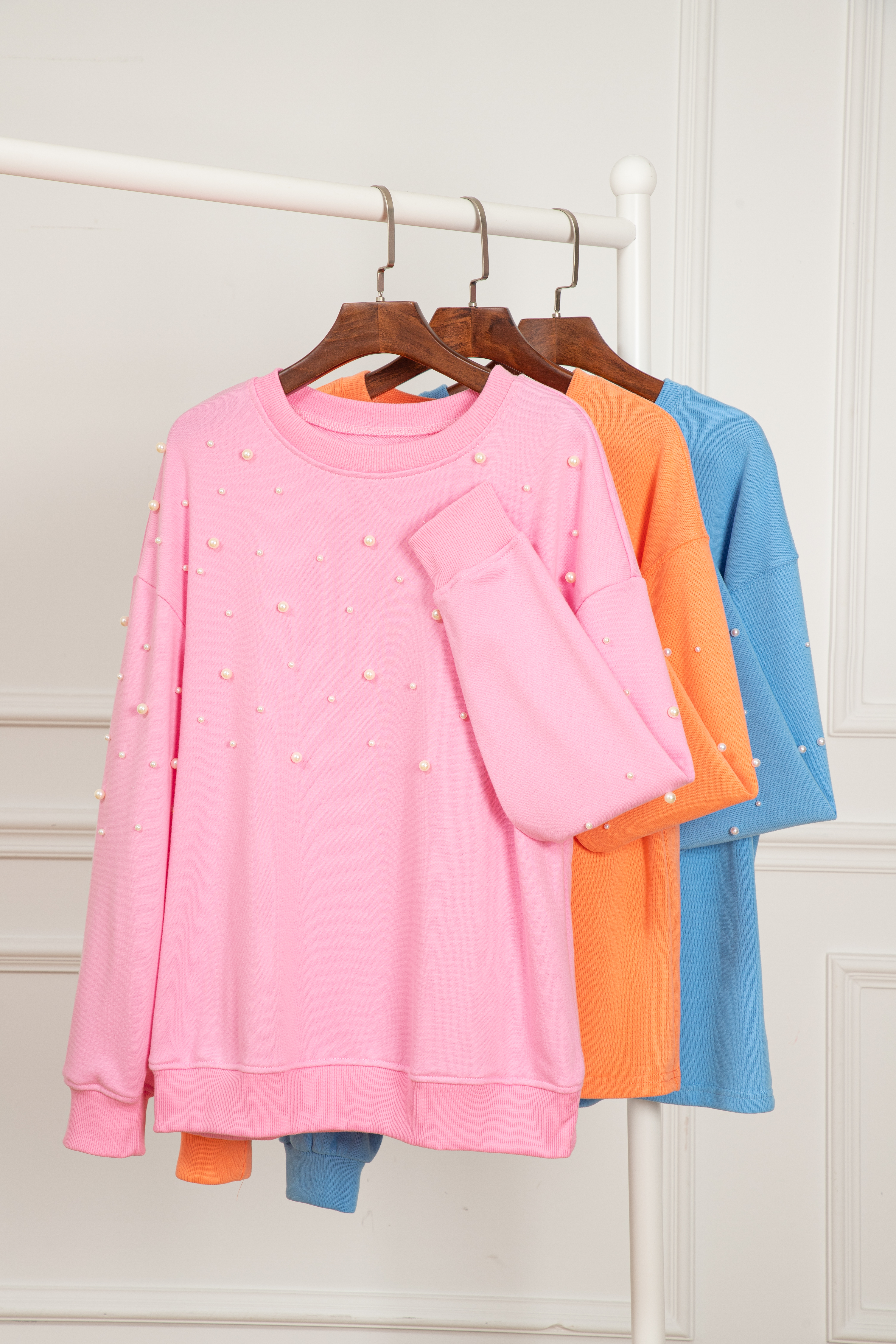 Myosotis Pearled Sleeves Drop Shoulder Round Neck Pullover Sweatshirt
