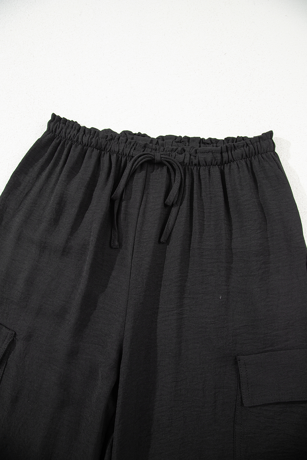 Black Drawstring Frilled Elastic Waistband Wide Leg Utility Trousers