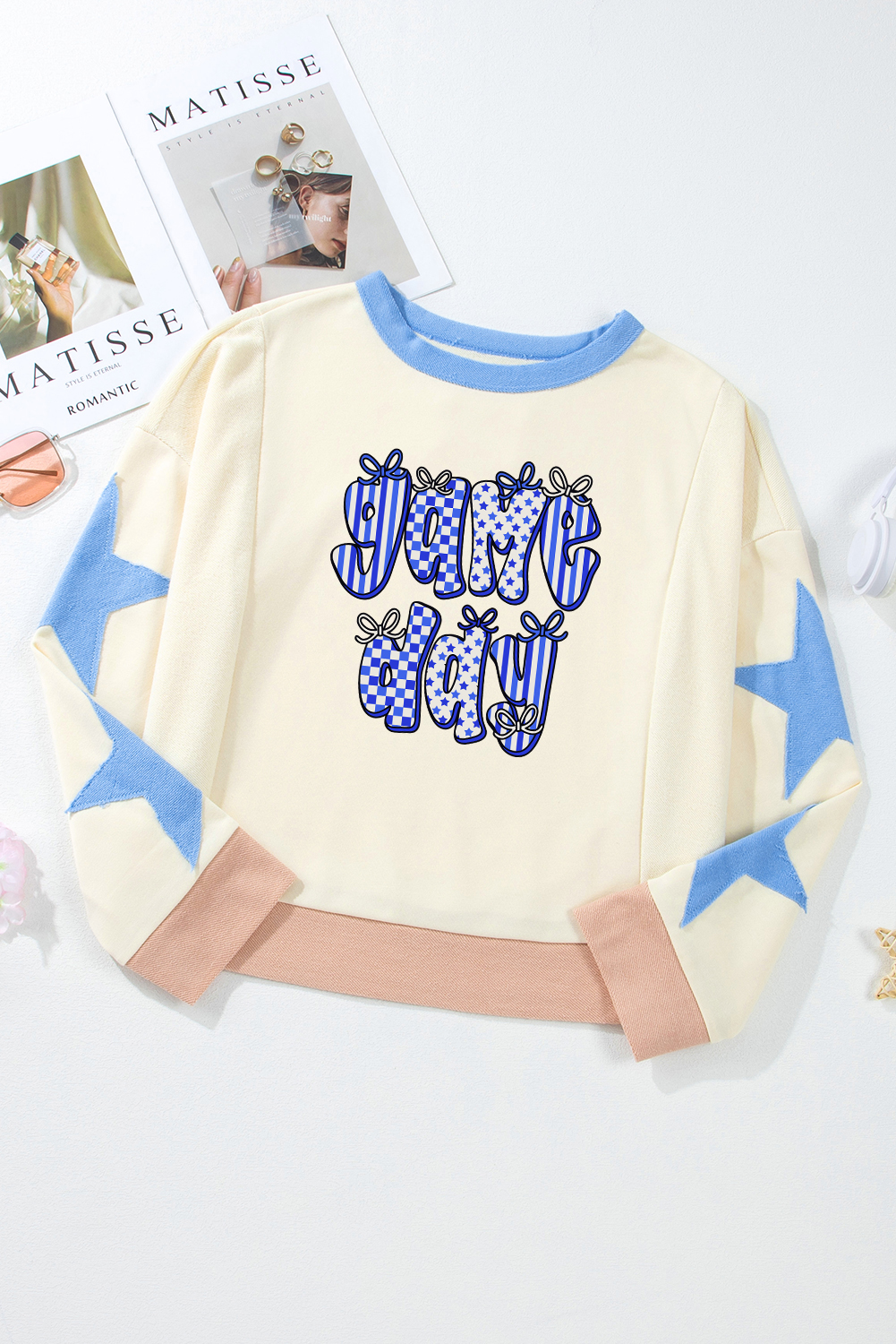 Beige Game Day Graphic Starry Patched Sleeve Contrast Trim Casual Sweatshirt