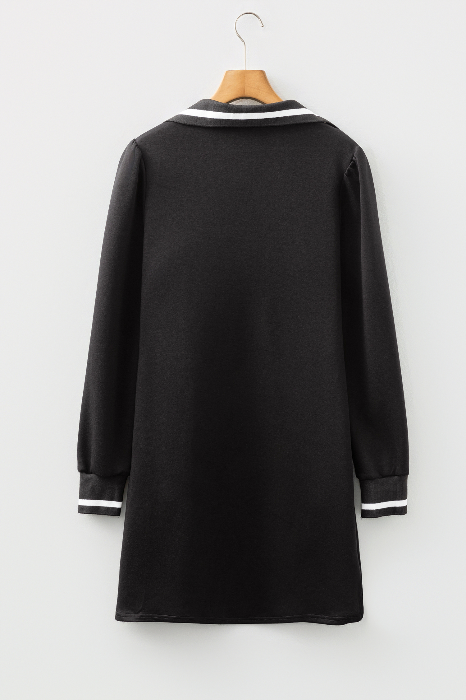Black Striped Trim V Neck Collared Long Sleeve Shift Mini Dress