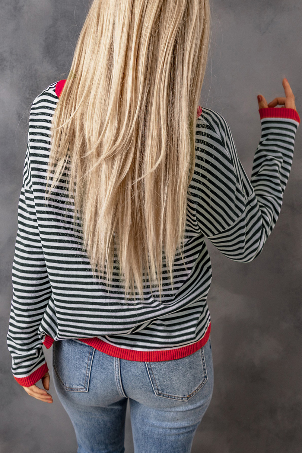 Fiery Red Striped Contrast Trimmed Drop Shoulder Sweater