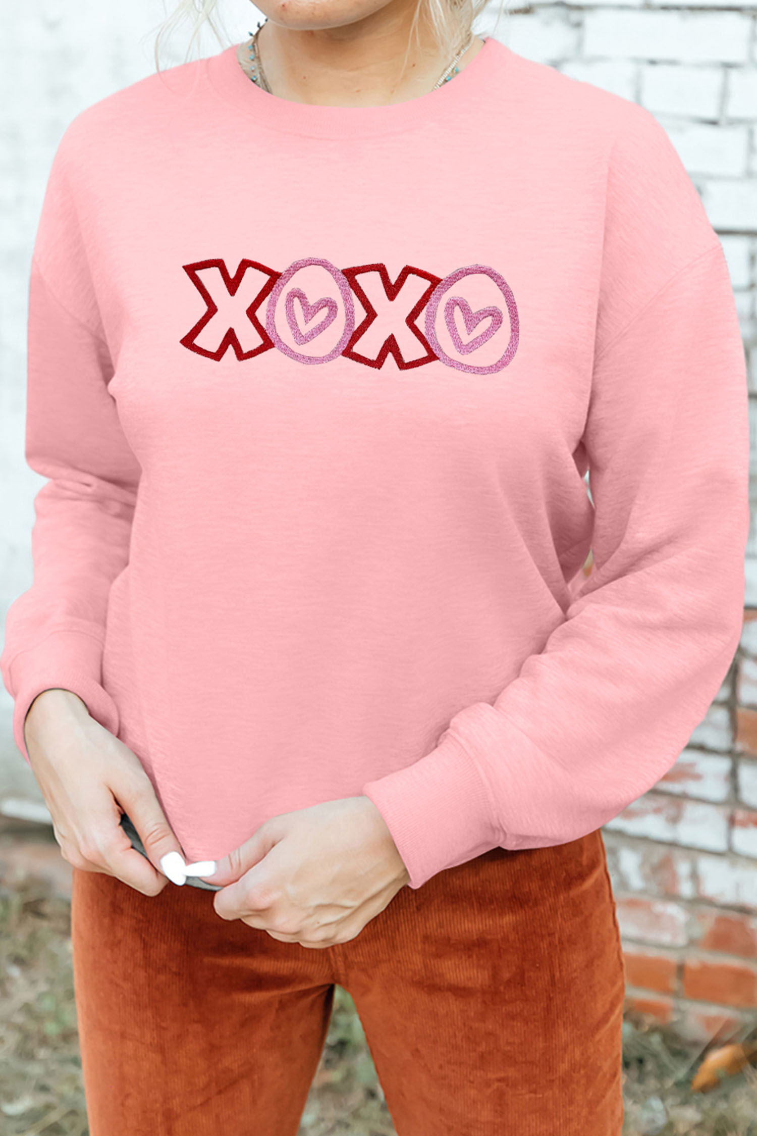 Pink XOXO Playful Embroidered Valentines Day Sweatshirt
