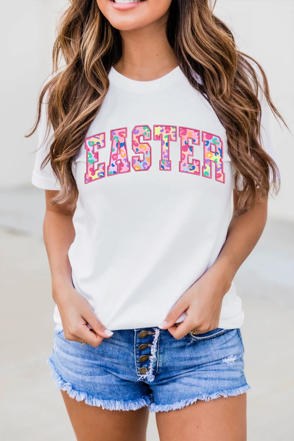 White Cheerful Leopard EASTER Letter Graphic Tee