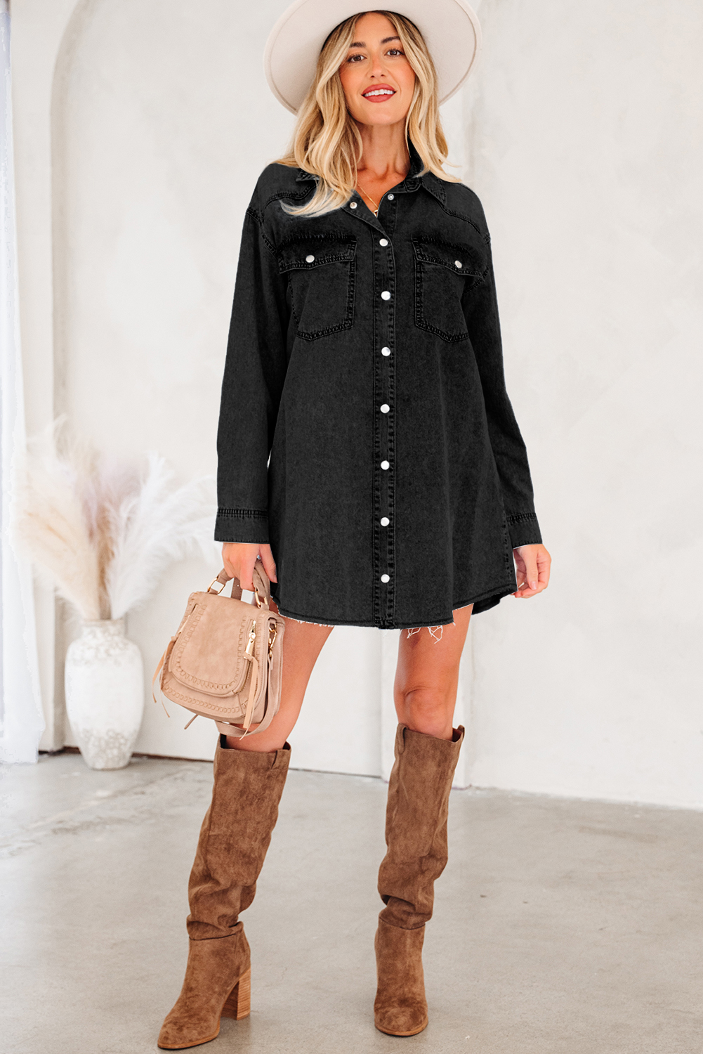 Blue Beau Chest Pocket Raw Hem Denim Loose Shirt Dress