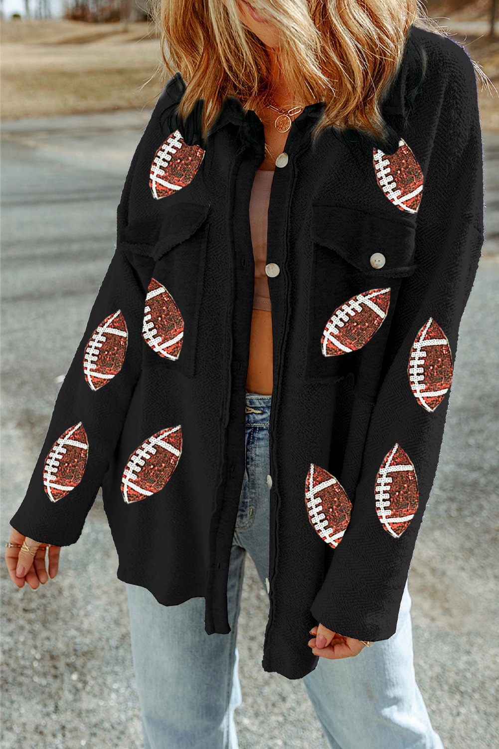 Black Contrast Flap Pockets Relaxed Shacket
