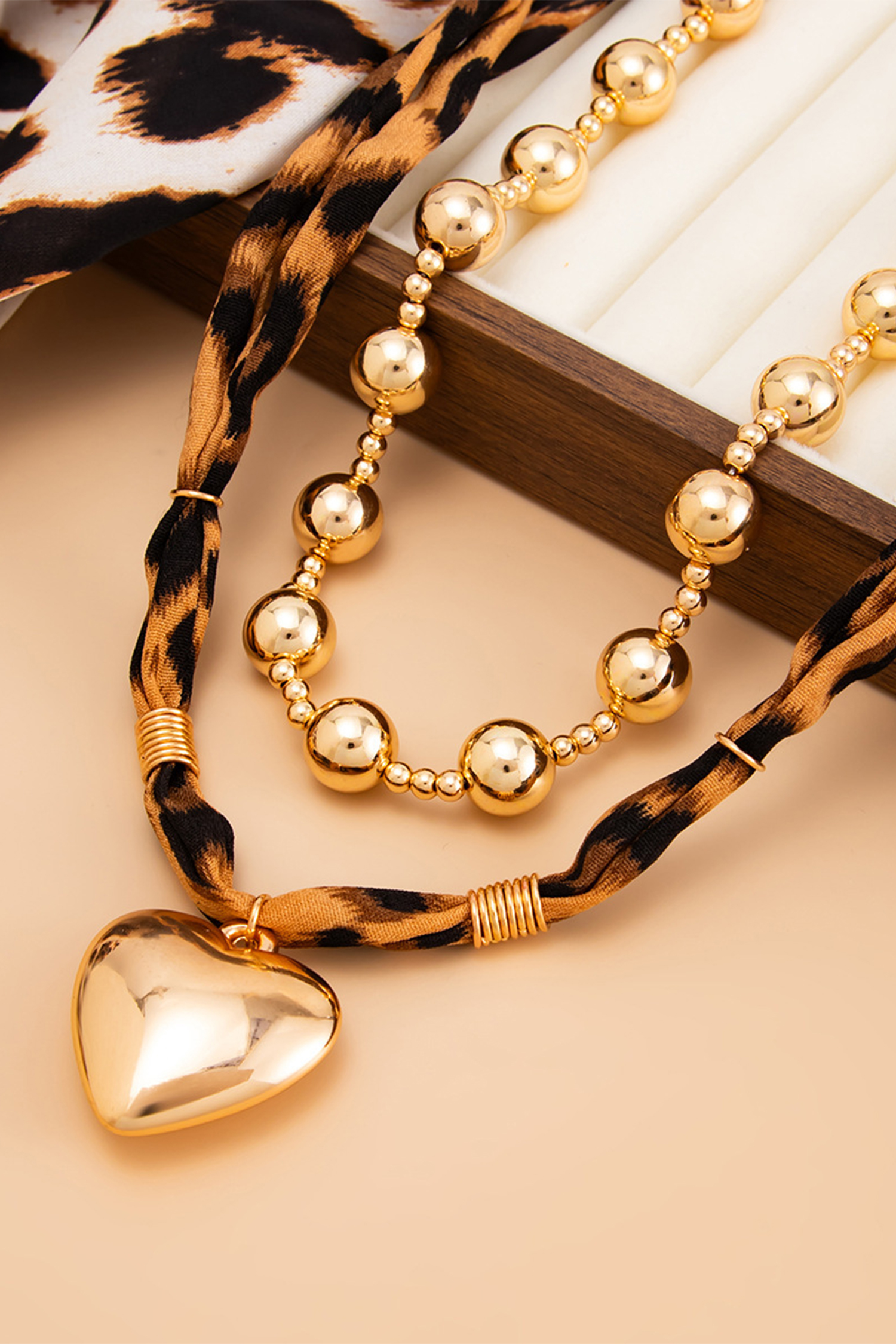Gold Plated Mixed Beads Heart Charm Leopard Scarf 2pcs Necklace Set