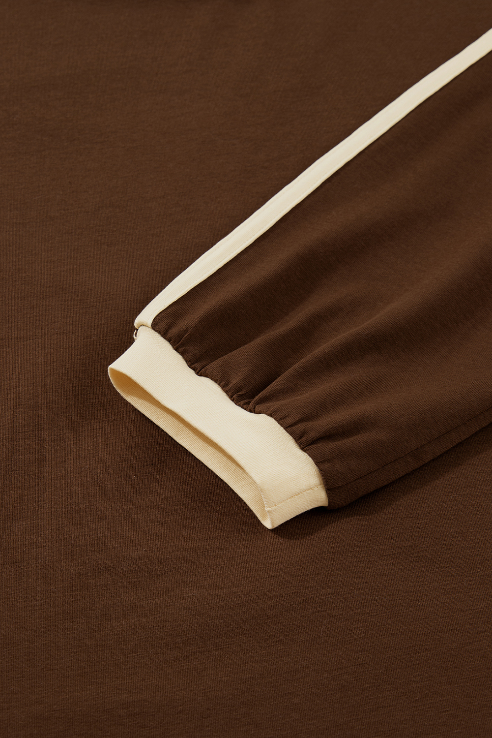 Dark Brown Varsity Striped Accent Contrast Crew Neck Long Sleeve T Shirt