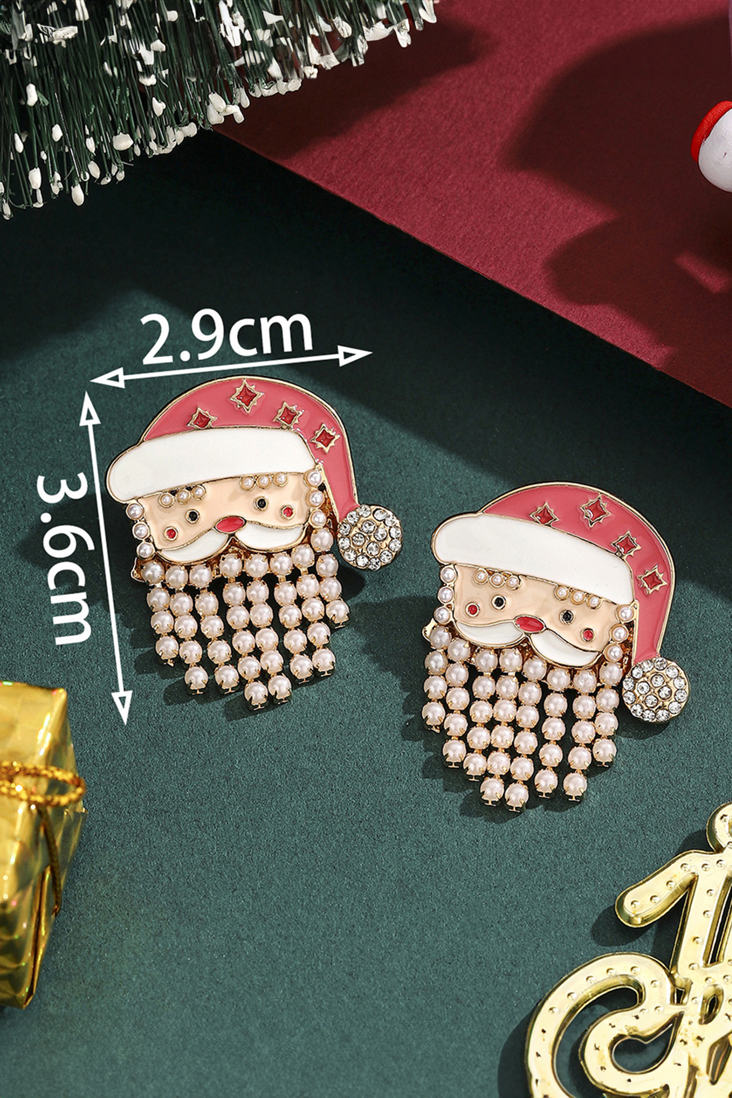 Fiery Red Pearl Beard Rhinestone Embellished Santa Claus Earrings