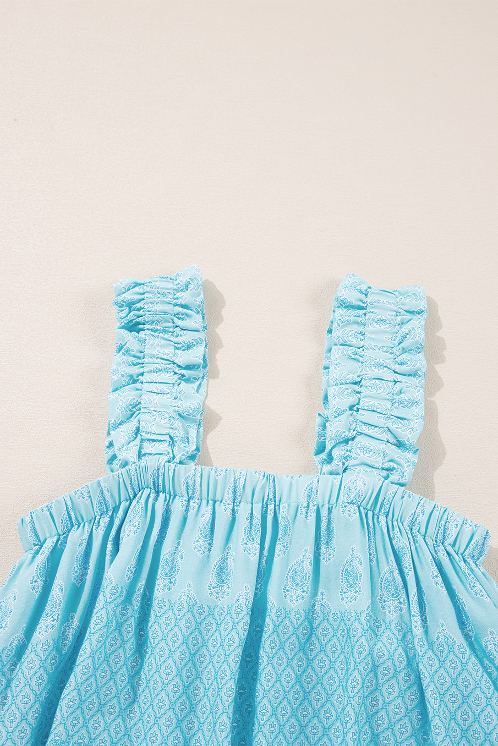 Sky Blue Tribal Pattern Print Ruffled Wide Straps Loose Tank Top