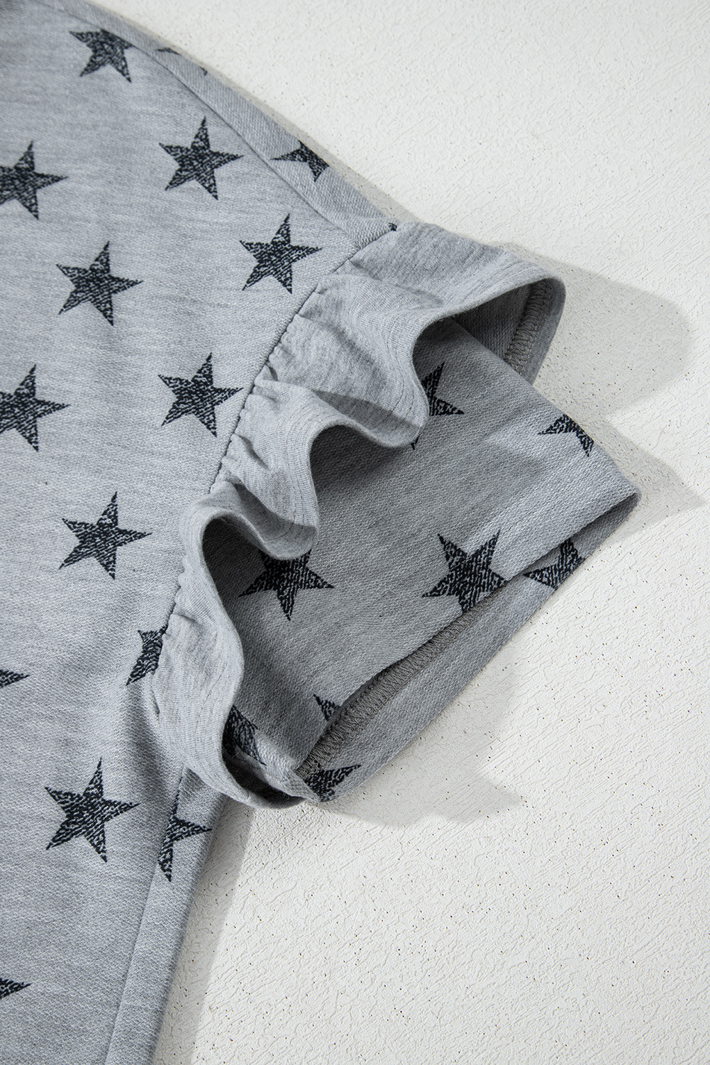 Gray Star Print Tiered Ruffled Sleeve Crew Neck T Shirt