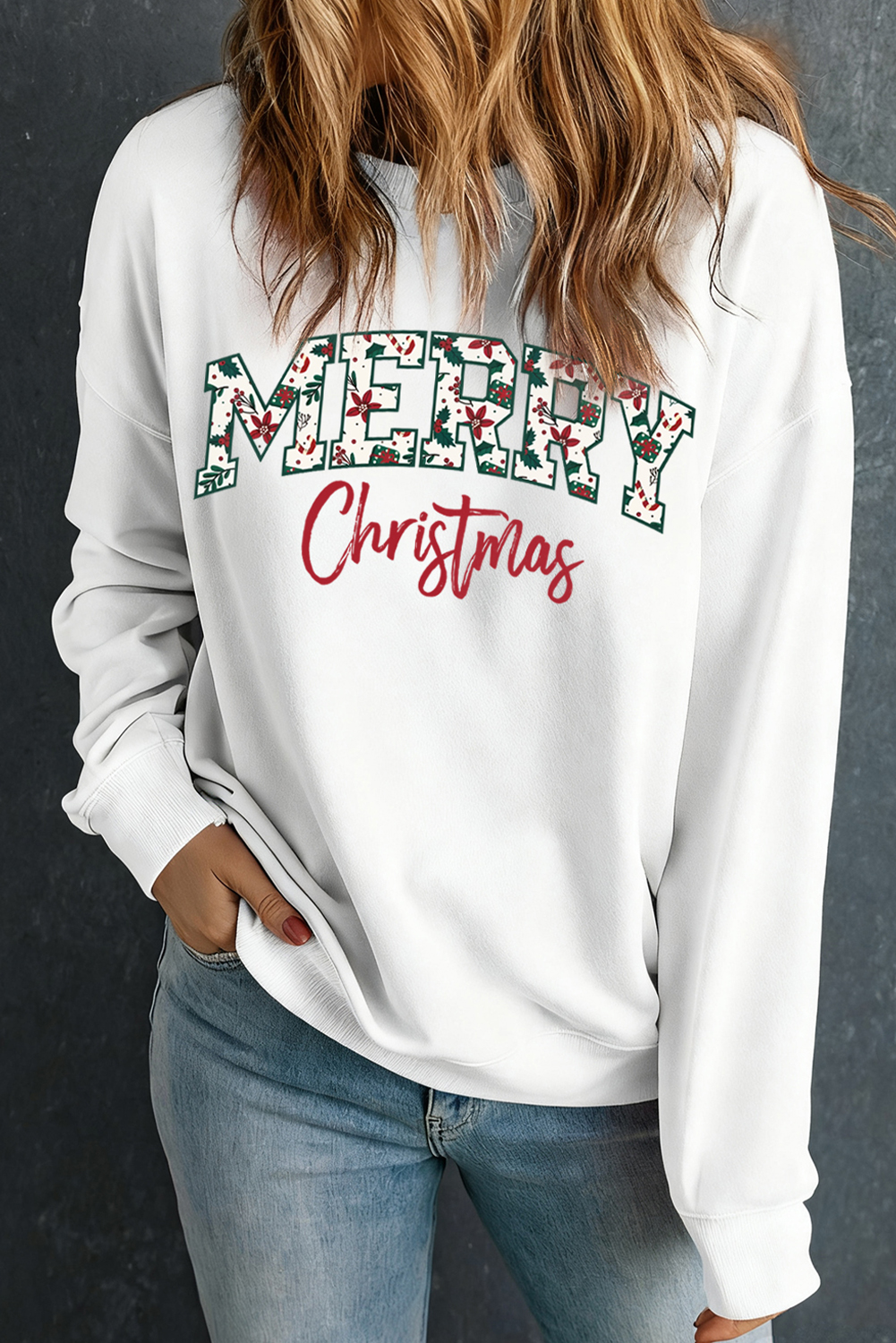 White Merry Christmas Cotton Blend Custom Graphic Sweatshirt