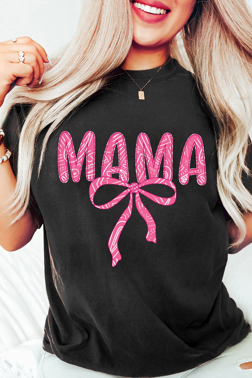 Black MAMA Ribbon Bowknot Graphic Crewneck T Shirt