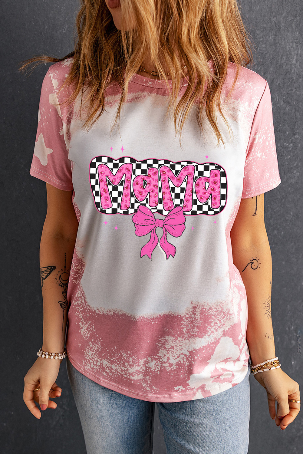 Pink Checkered Bow MAMA Graphic Tie-dye Tee