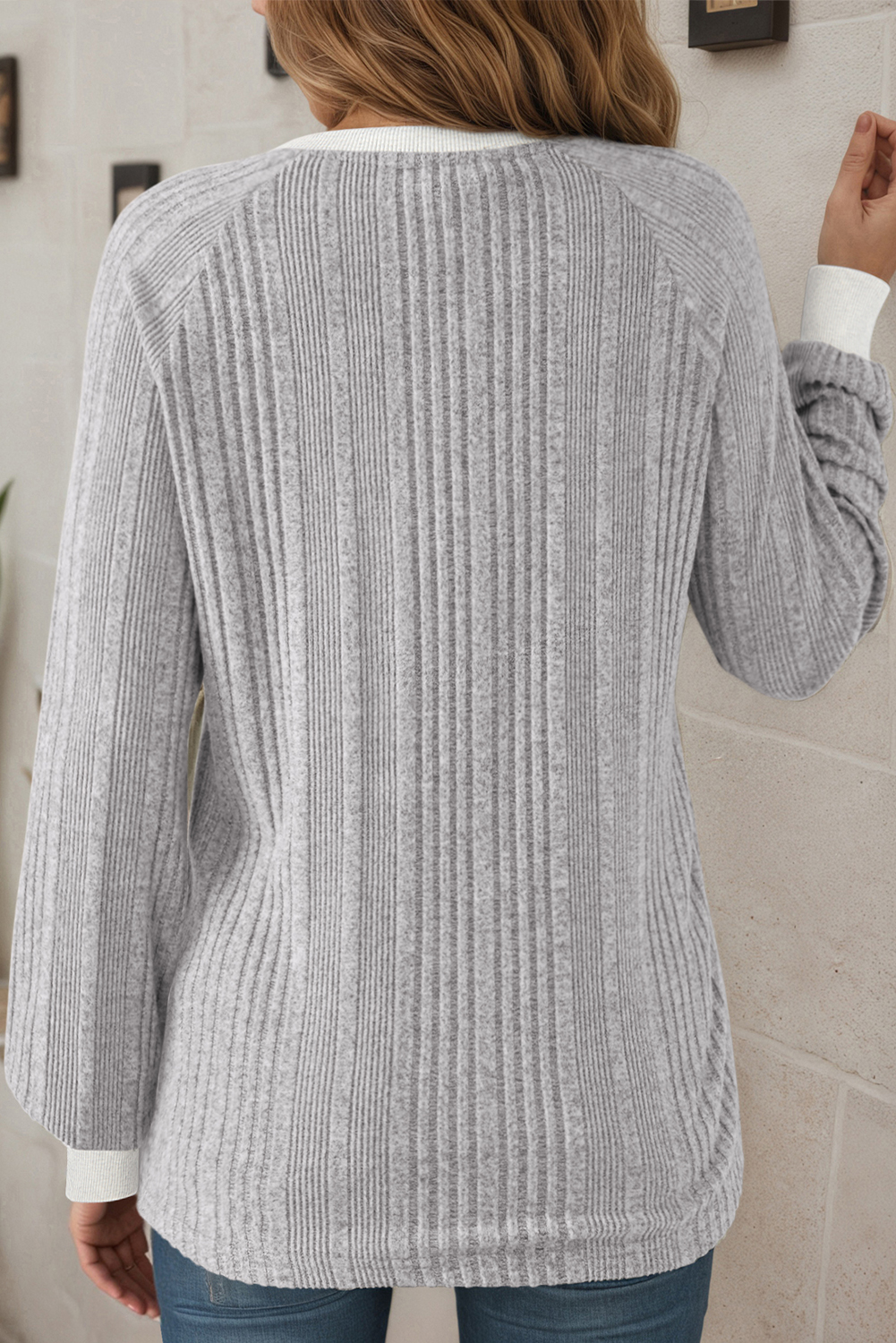 Moss Green Ribbed Contrast Cuffed Round Neck Long Sleeve T Shirt