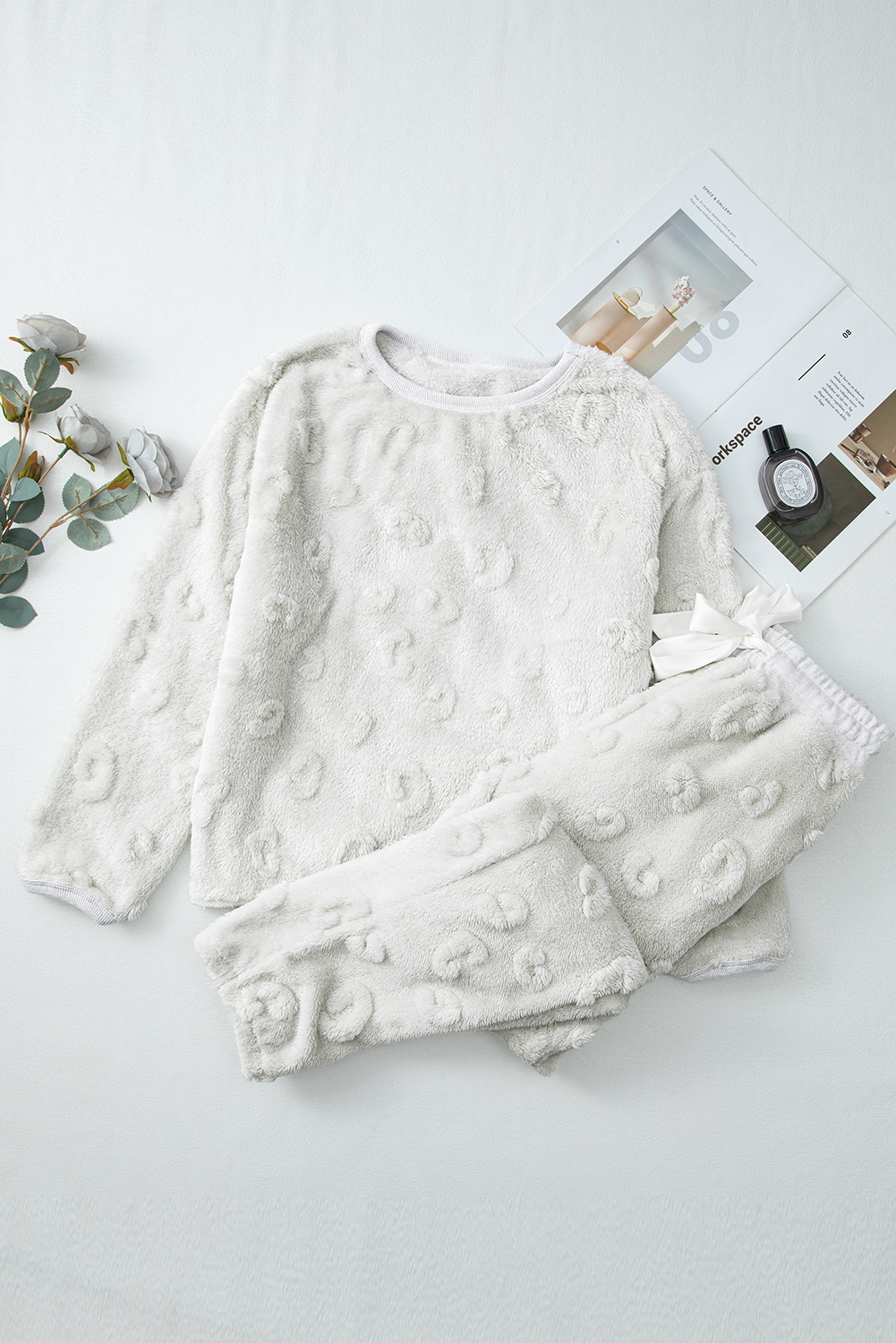 Light Grey Textured Leopard Fleece Loose Two Piece Lounge Set