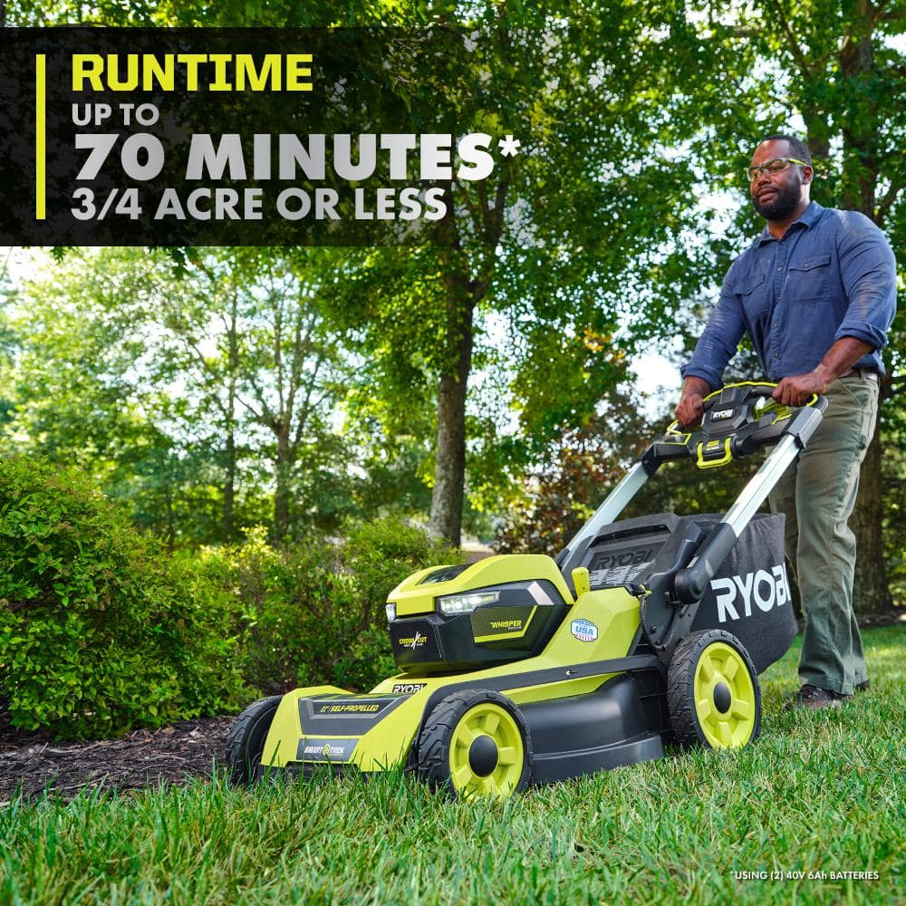 Ryobi 40V HP Brushless 21-in Self-Propelled AWD Lawn Mower – Whisper Series – Includes (2) 6.0Ah Batteries and Charger