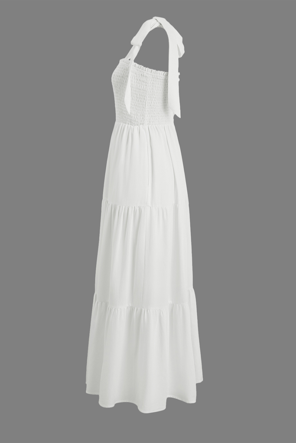 White Customizable Knot Straps Smocked Bodice Tiered Blank Maxi Dress