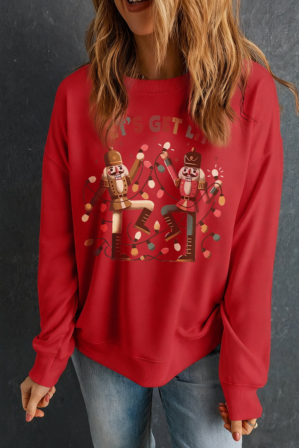 Red LETS GET LIT Nutcracker Graphic Christmas Sweatshirt