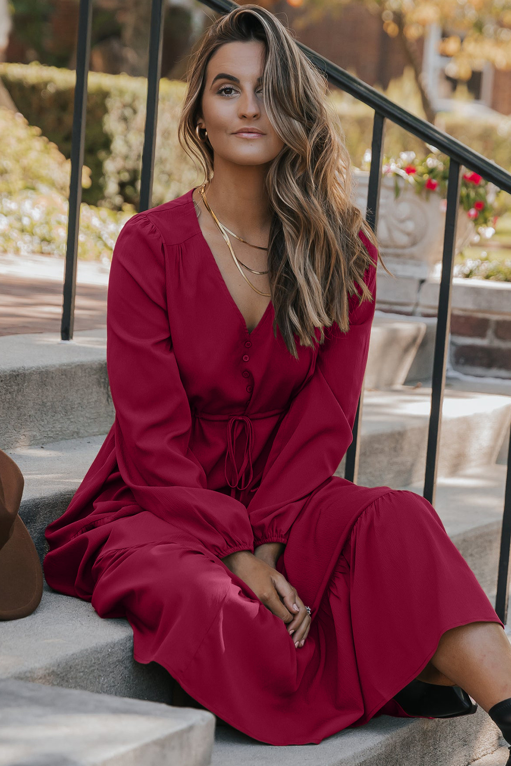 Blackish Green Solid Long Sleeve Button V Neck Tiered Maxi Dress