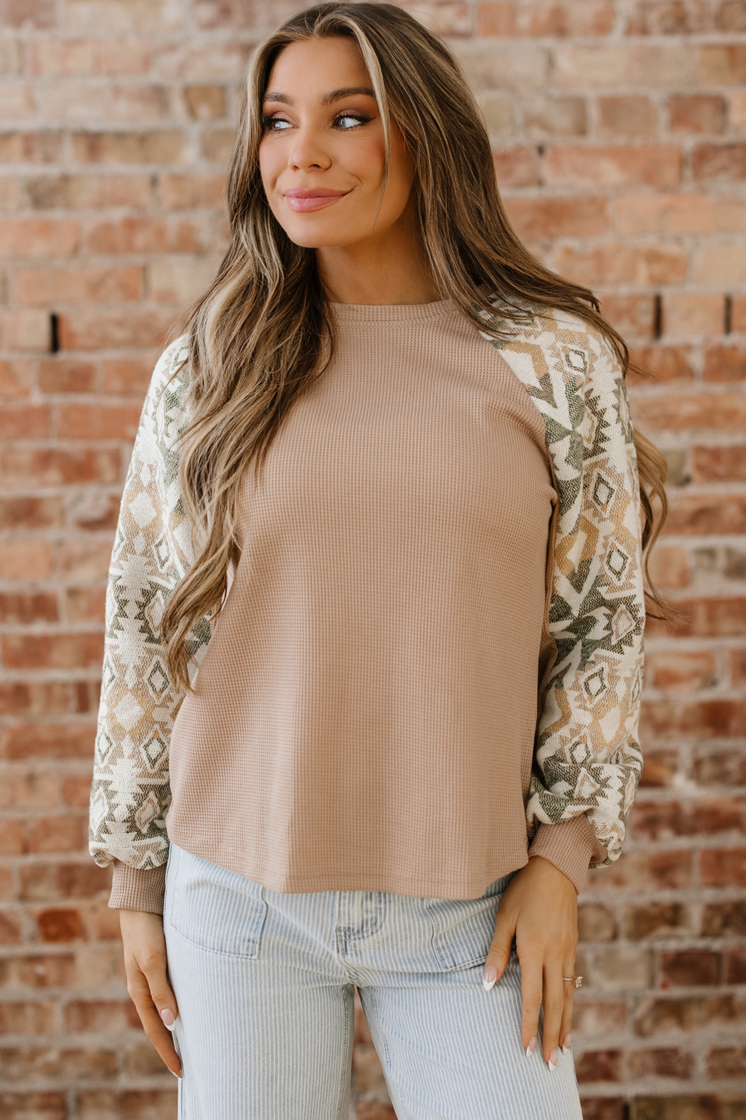 Smoke Gray Waffle Aztec Patchwork Raglan Sleeve Knit Top