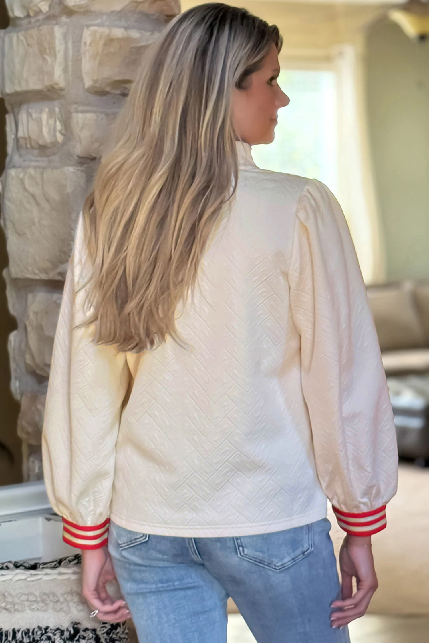 White Textured Knit Contrast Striped Accent Zipped Collar Pullover Top