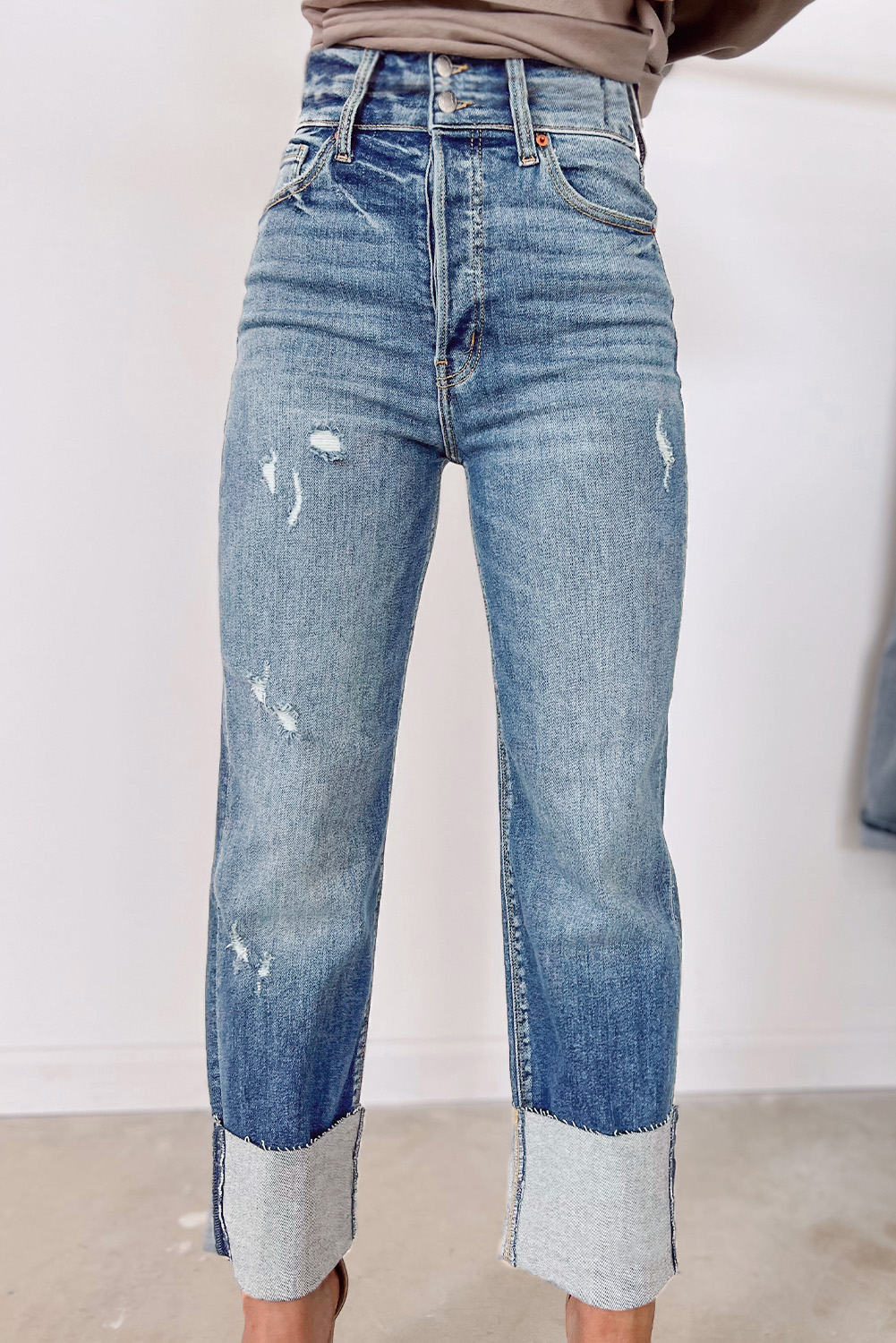 High Waist Distressed Straight Leg Jeans