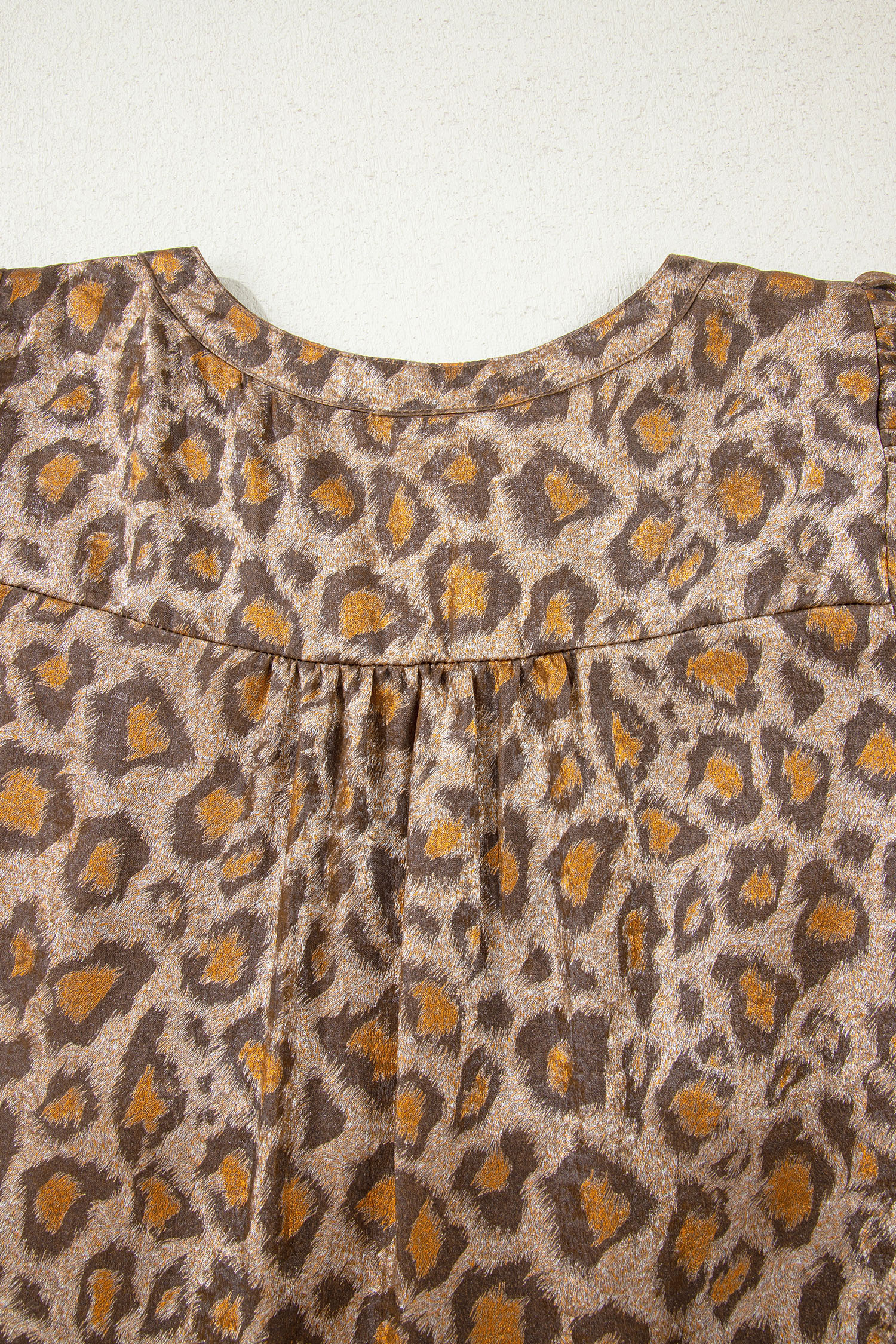 Khaki Leopard Print V Neck Ruffled Sleeve Tiered Loose Mini Dress