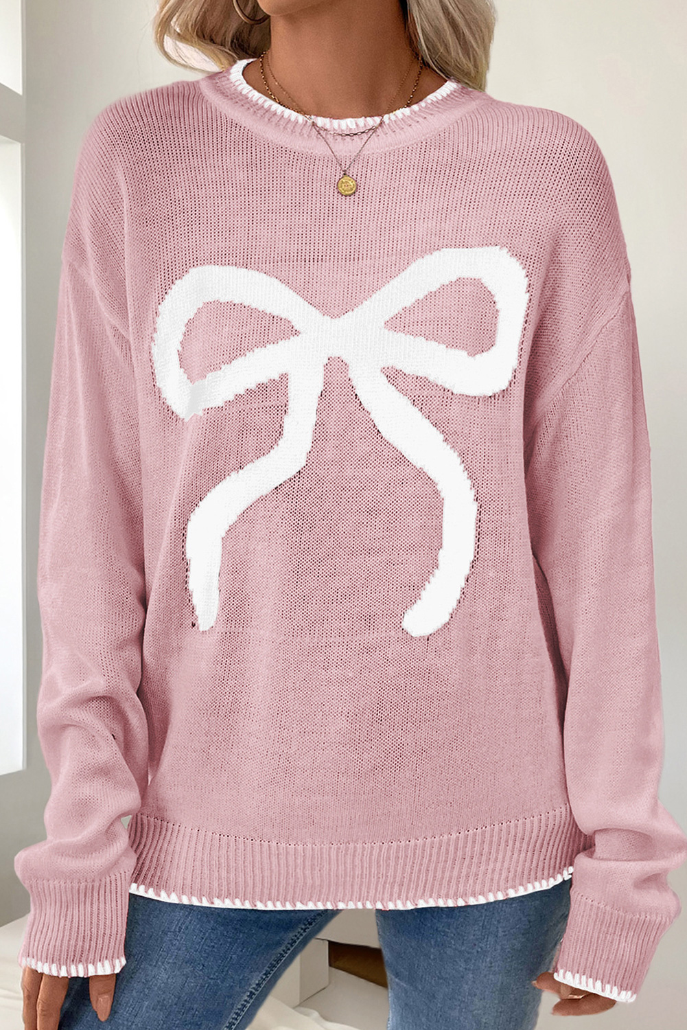 White Bow Pattern Contrast Trim Christmas Loose Graphic Sweater