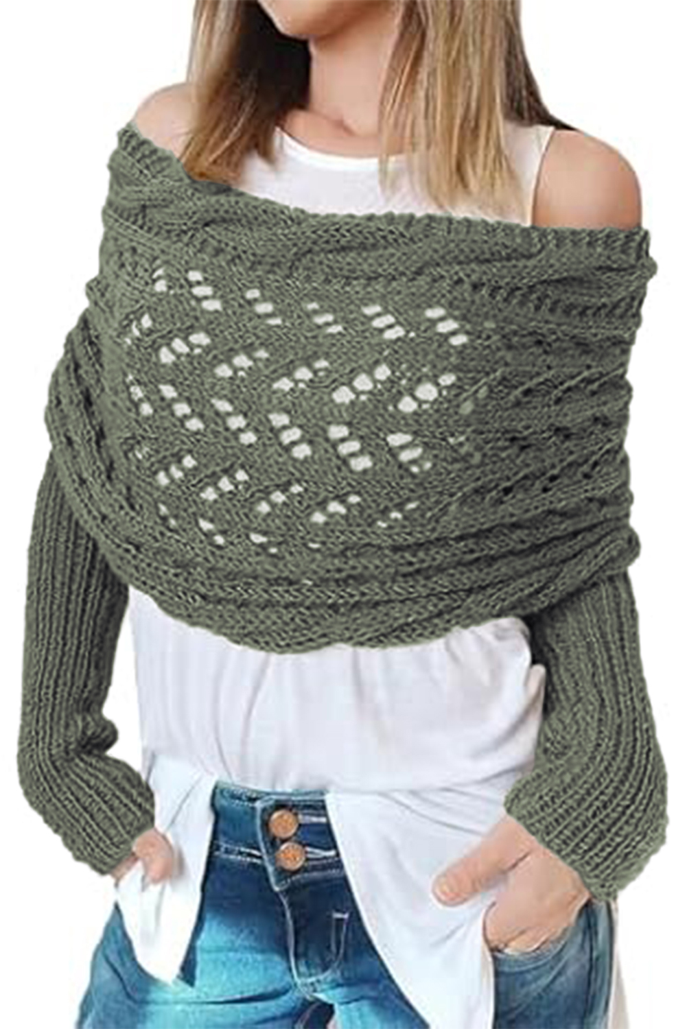 Gray Cross Detail Hollowed Knit Scarf with Sleeves