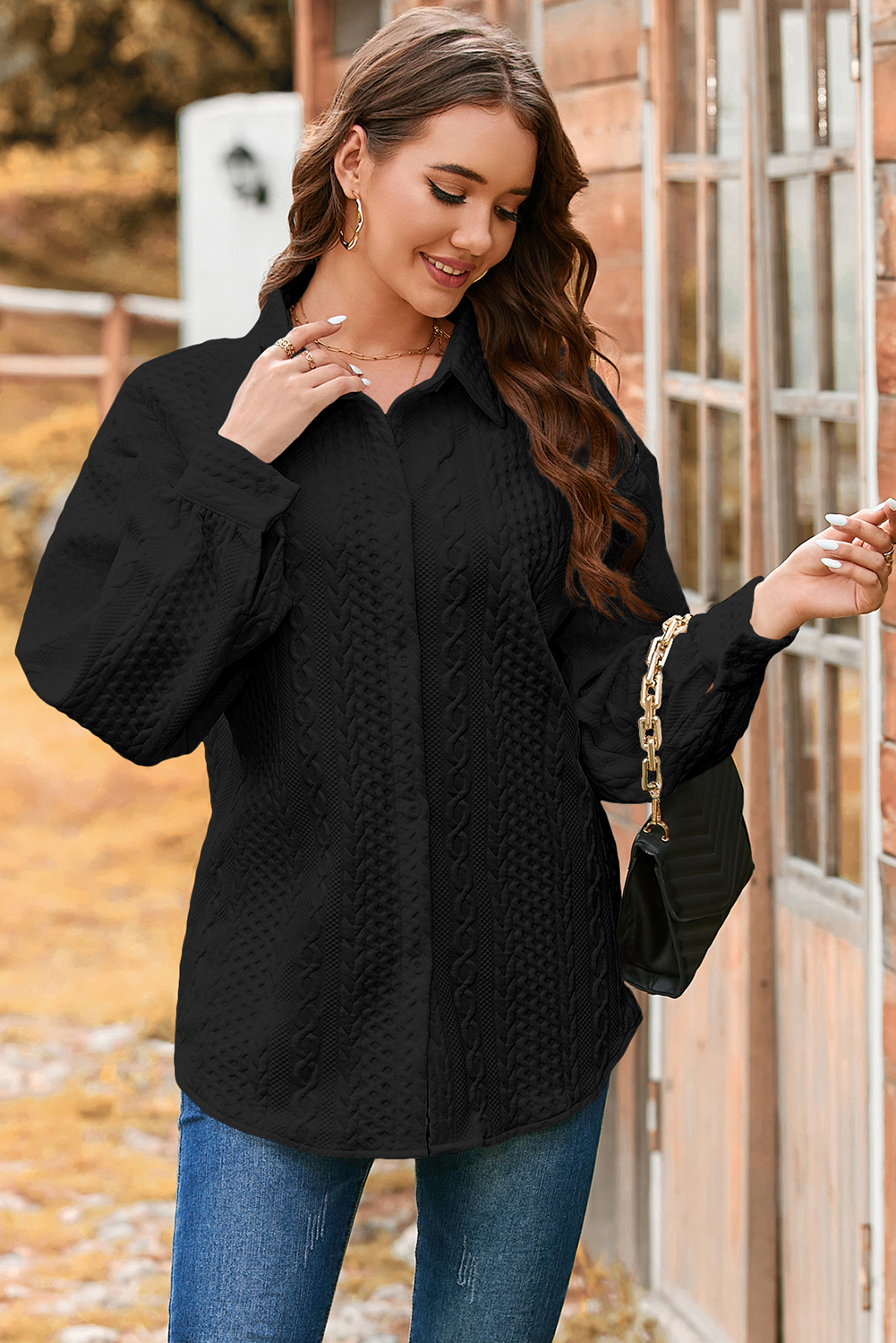 Sepia Rose Cable Texture Puff Sleeve Loose Shacket