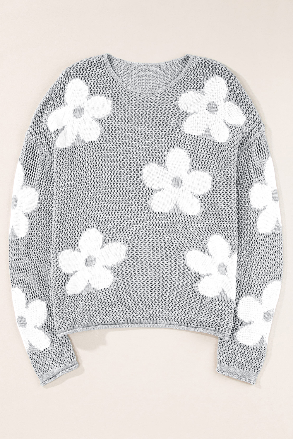 Light Pink Big Flower Hollowed Knit Drop Shoulder Sweater