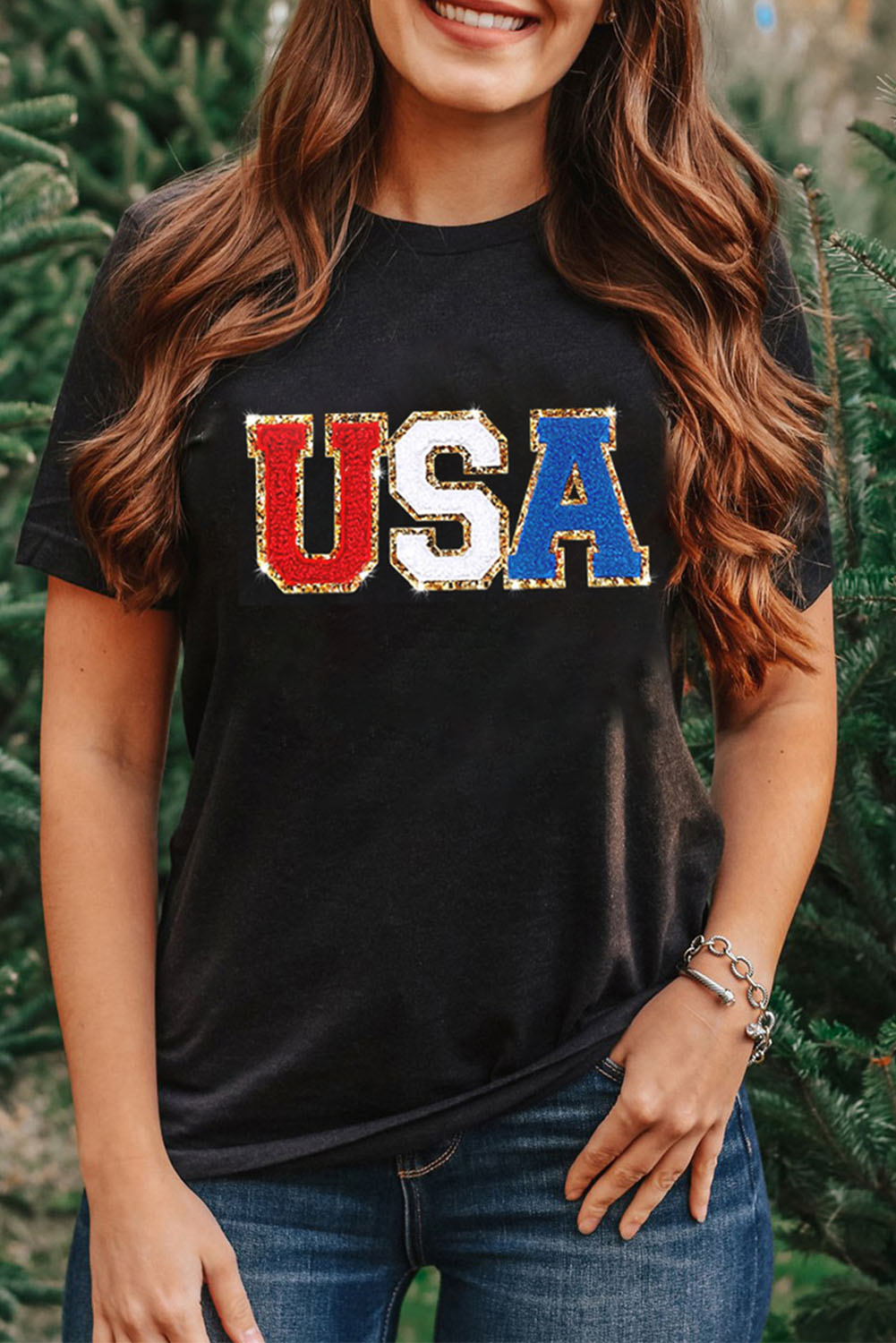 Gray Blooming USA Flag Print Casual T Shirt