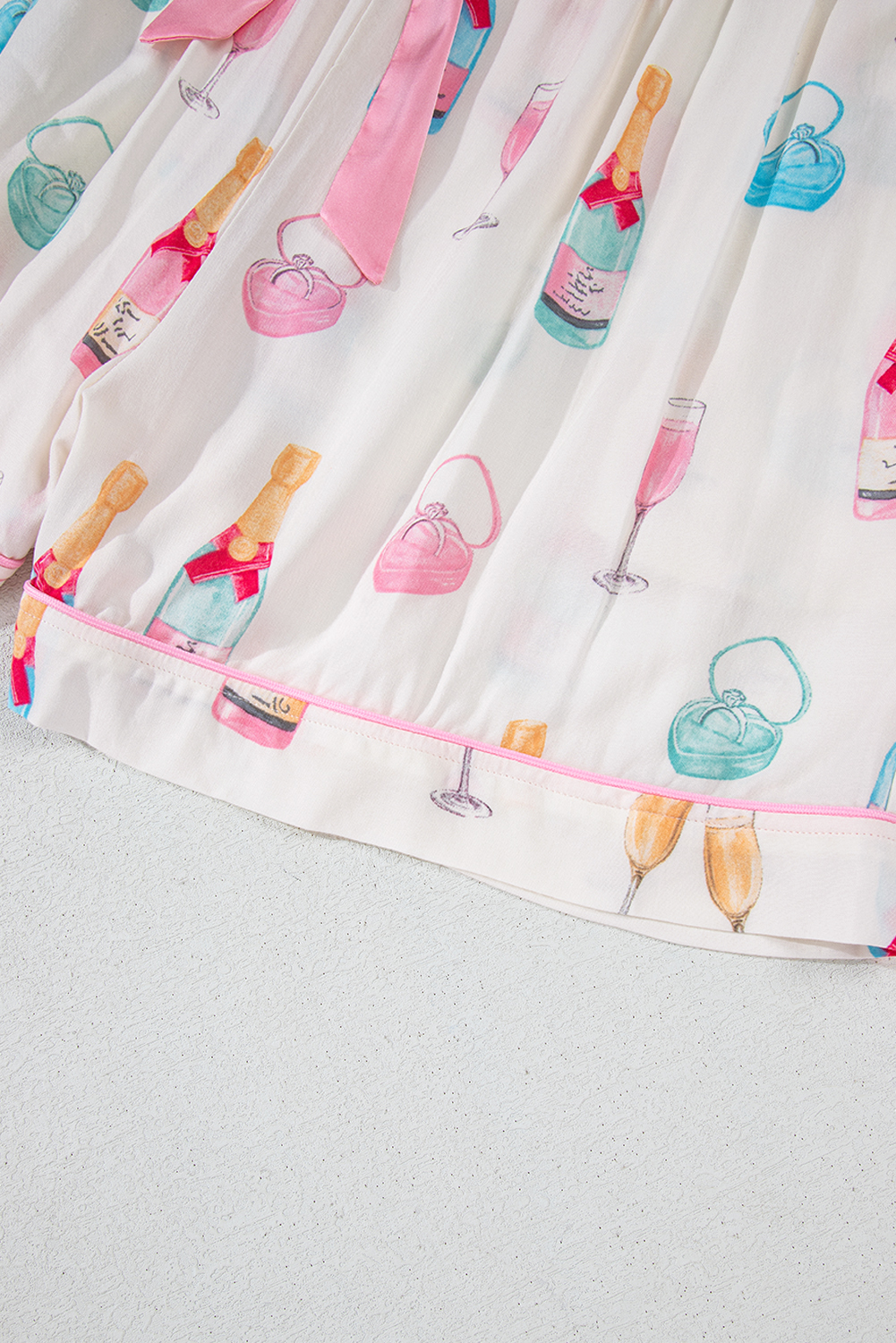 White Christmas Wine Glass Print Bow Knot Two Piece Pajama Set