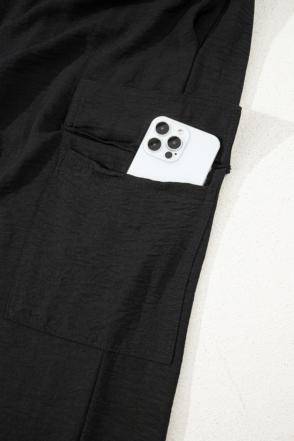 Black Drawstring Frilled Elastic Waistband Wide Leg Utility Trousers