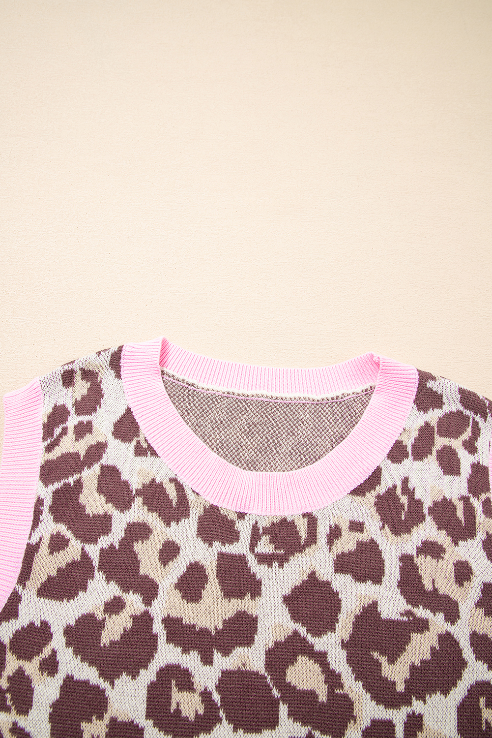 Brown Leopard Pattern Contrast Ribbed Trim Sweater Vest