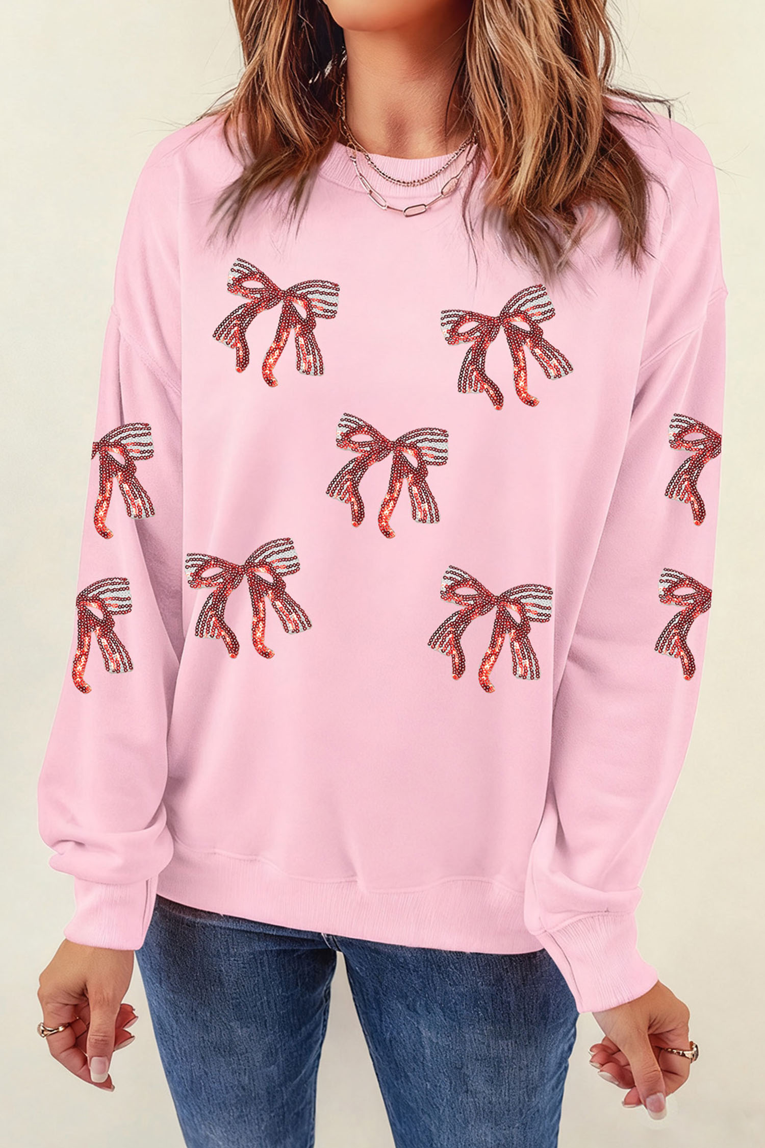 Pink Sequined Bow Pattern Drop Shoulder Loose Sweatshirt