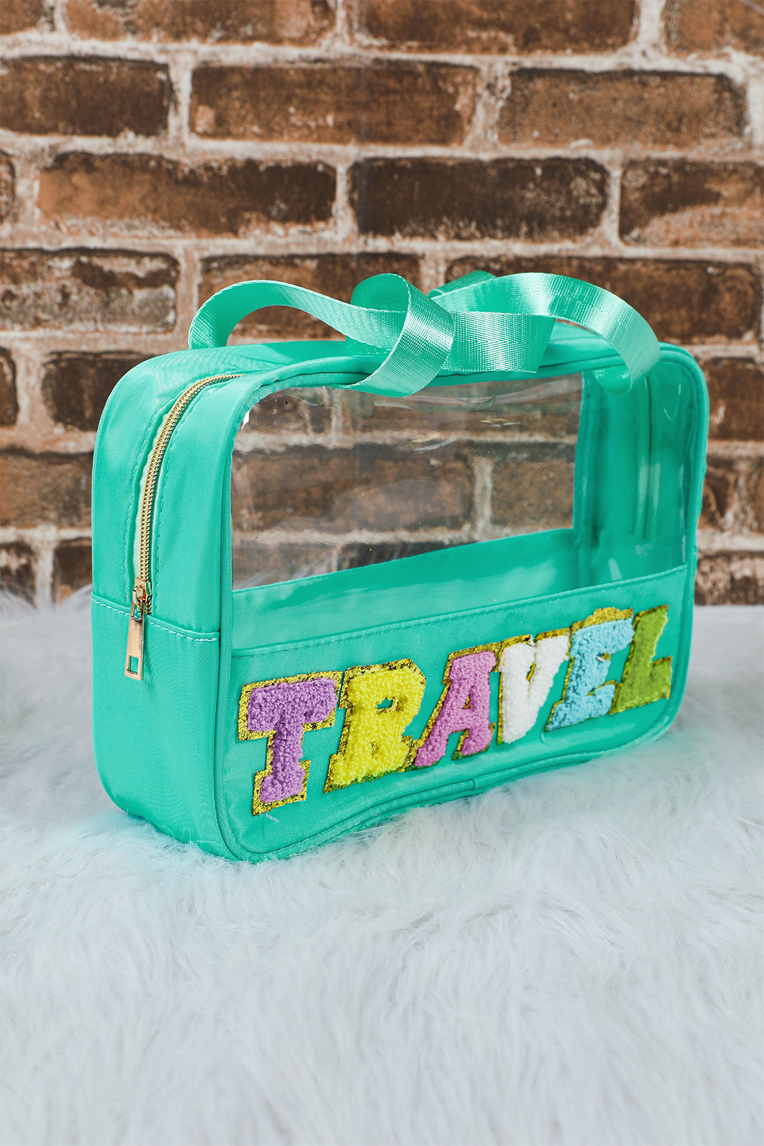 Light Pink TRAVEL Chenille Letter Clear PVC Makeup Bag